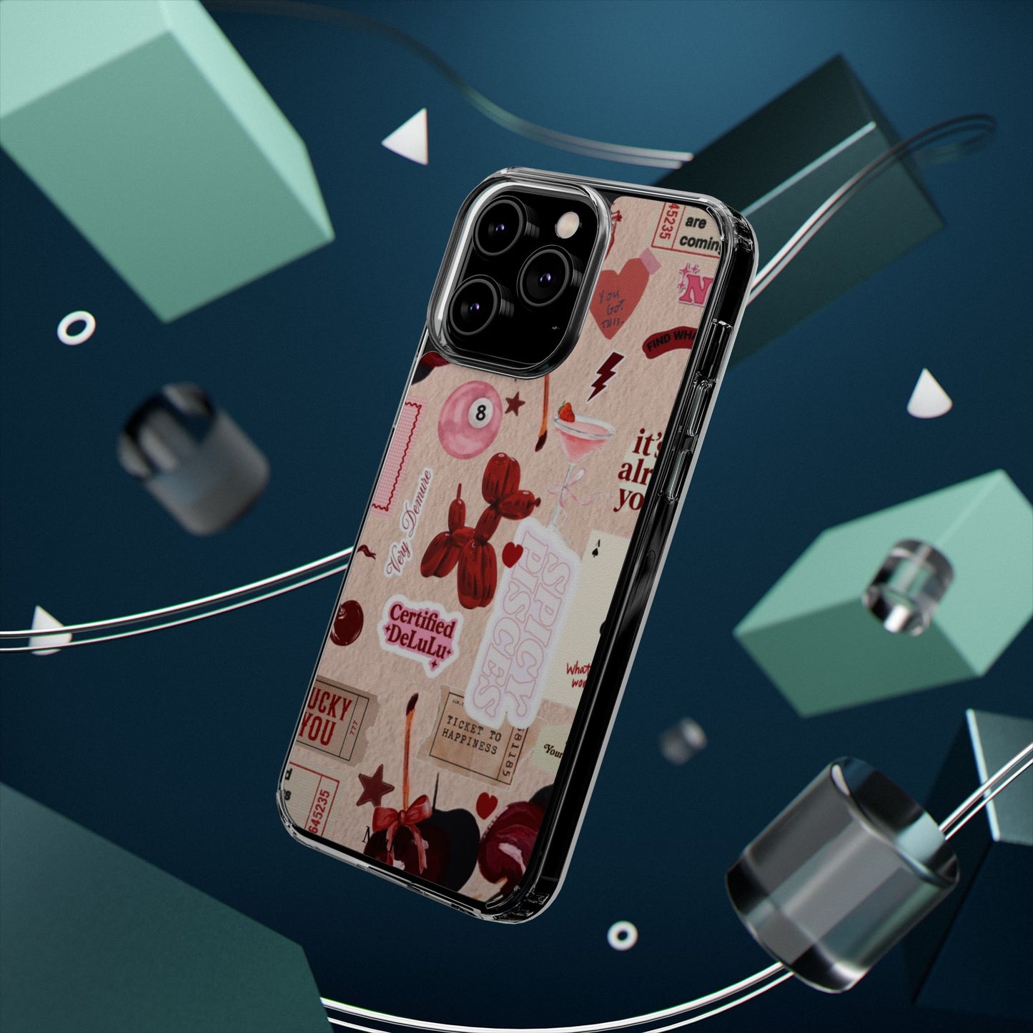 Clear Impact-Resistant Phone Case — Retro Cherry & Sticker Collage