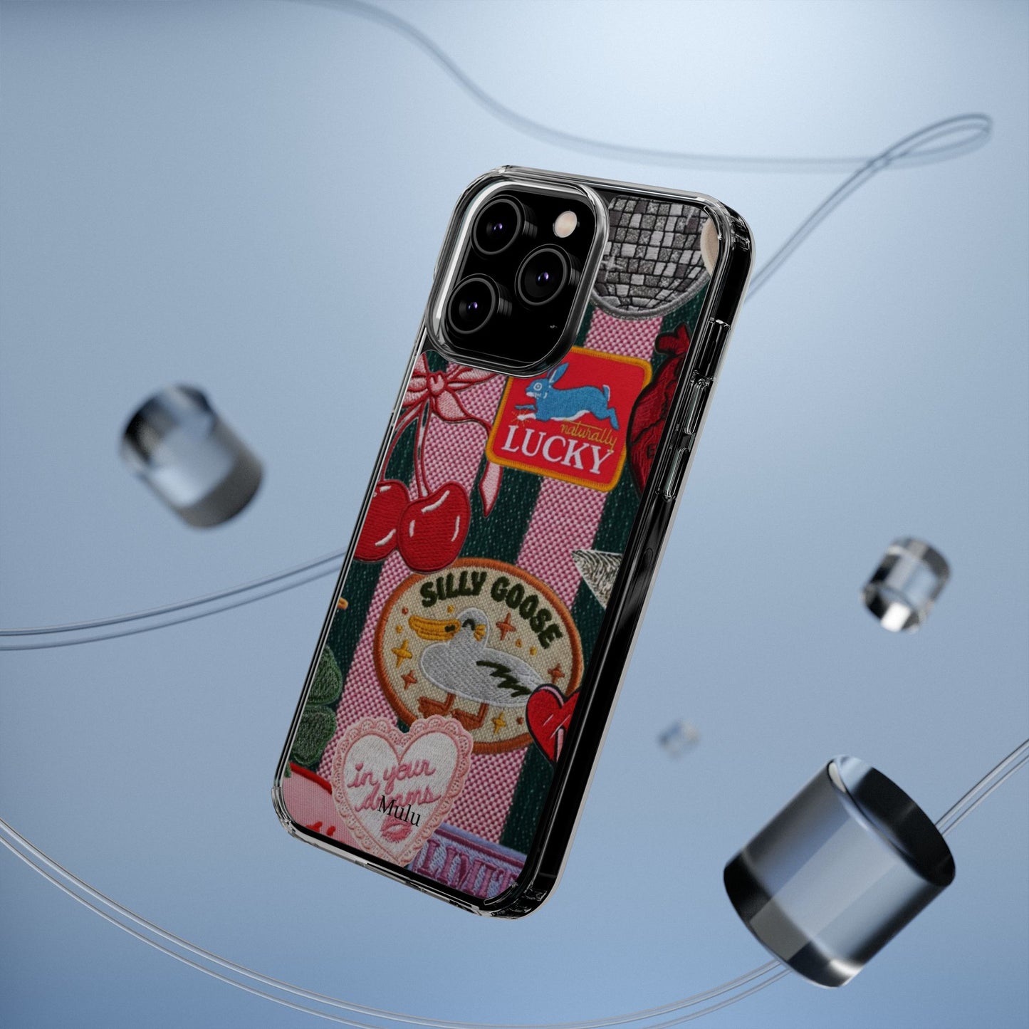 Clear Impact-Resistant Phone Case — Retro Patchwork Stickers (Lucky, Cherries, Silly Goose)