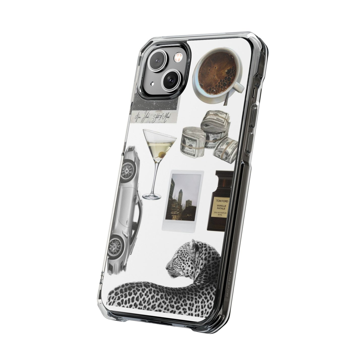Clear Impact Phone Case — Luxe Collage (Leopard, Martini, Coffee & Vintage Car)