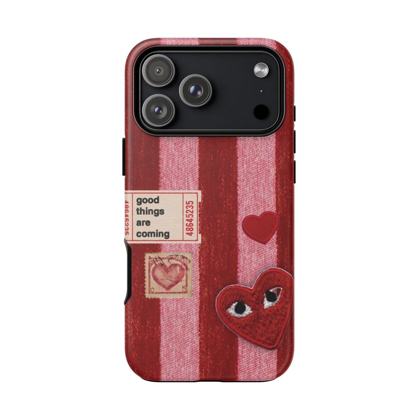 Phone Case — Red Striped Heart Design with “Good Things Are Coming”