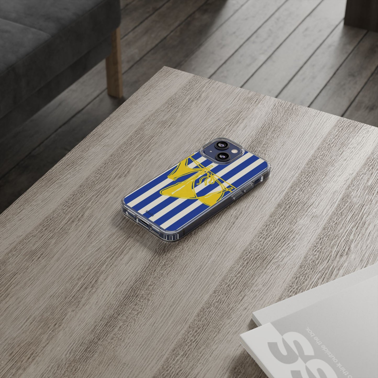 Striped Beach Bikini Phone Case — Yellow Swimwear on Blue & White Stripes, Clear Impact-Resistant