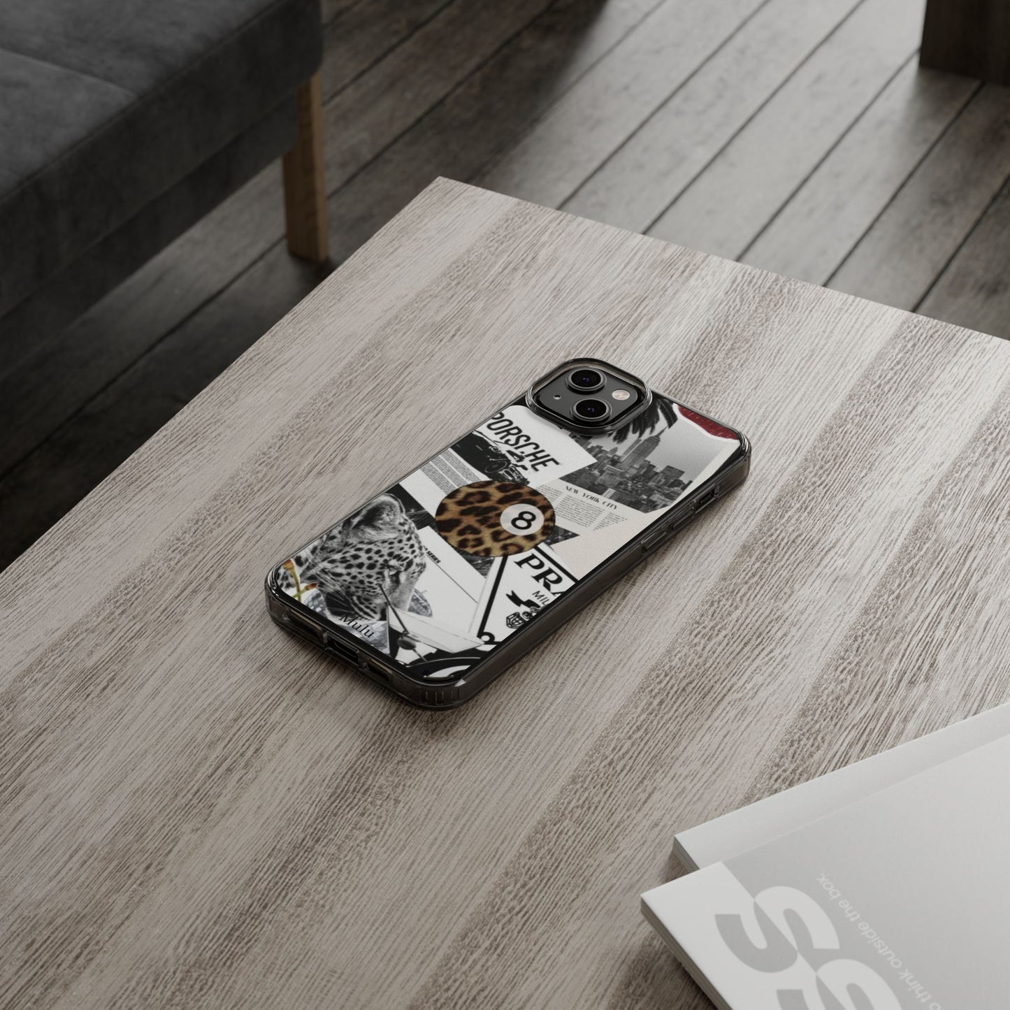 Clear Impact-Resistant Phone Case — Collage Luxury Leopard & Vintage Car Design