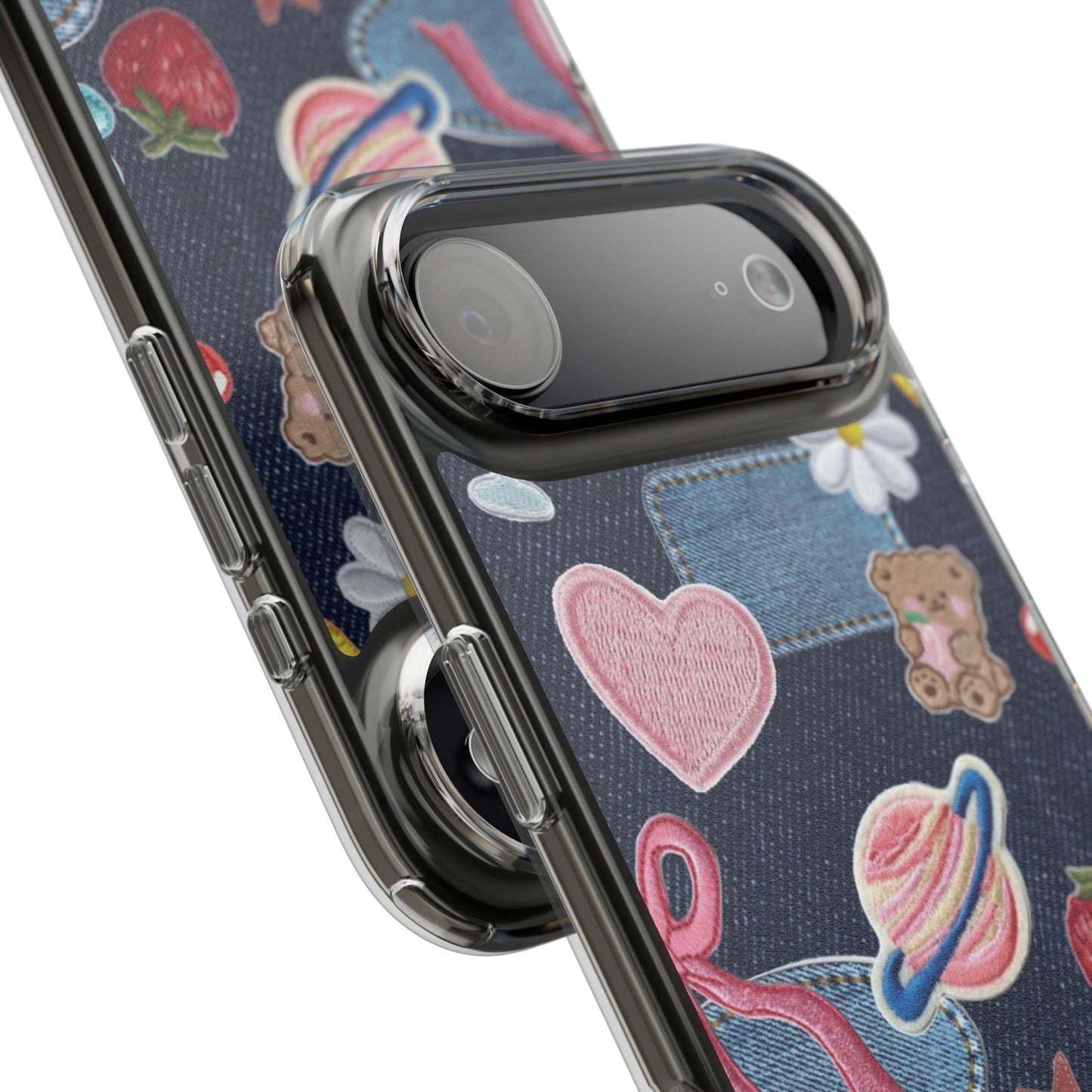 Clear Impact-Resistant Phone Case — Cute Denim Patch Collage (Teddy, Strawberry, Planet)
