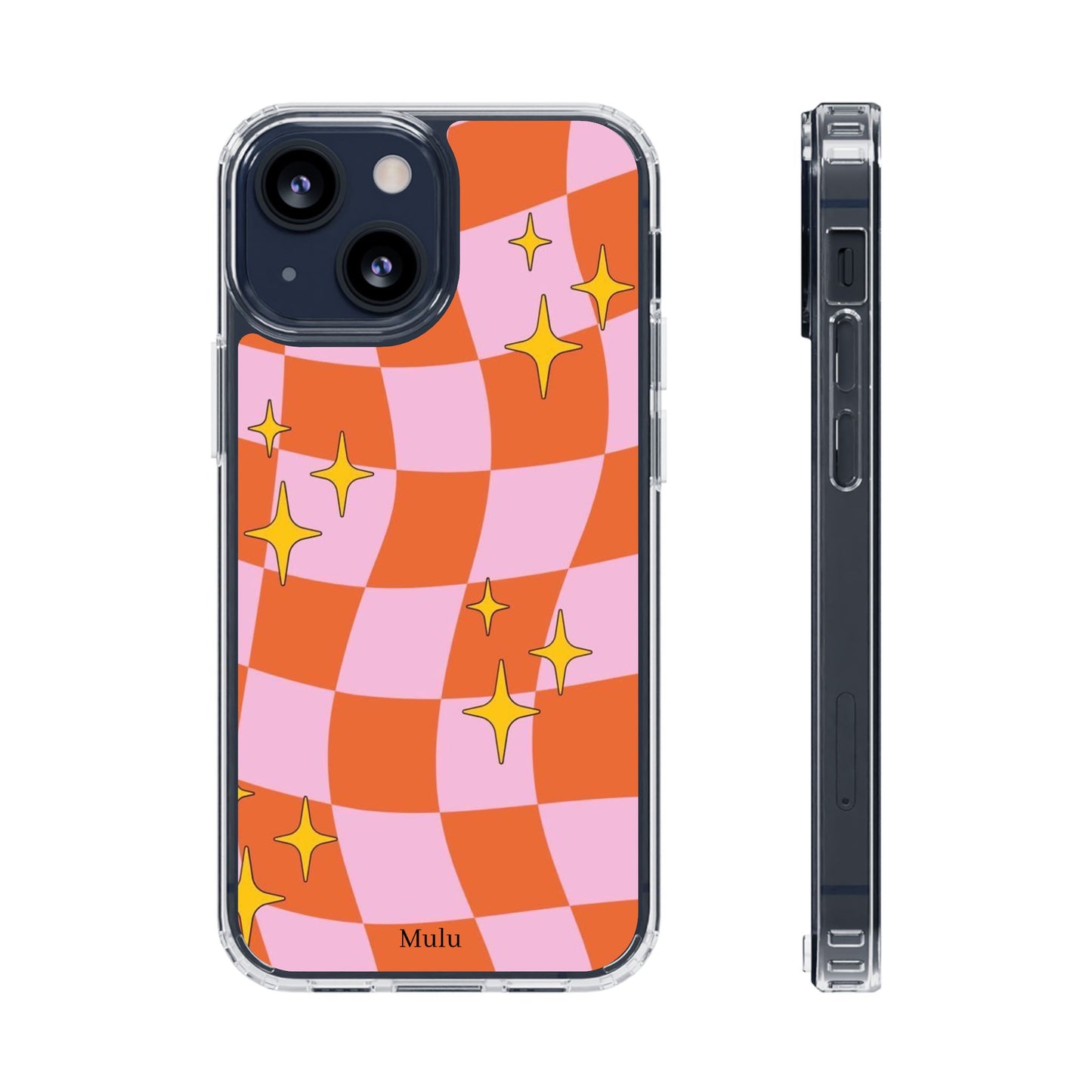 Clear Impact-Resistant Case — Retro Pink & Orange Checker with Sparkle Stars