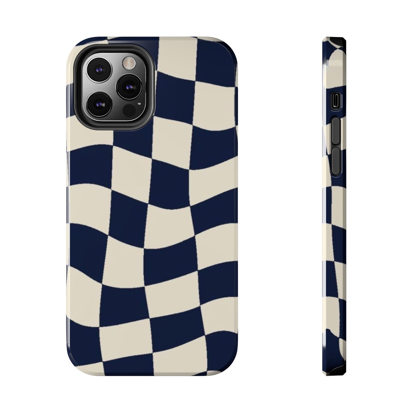 Wavy Checkerboard Tough Phone Case — Navy & Cream Protective Cover