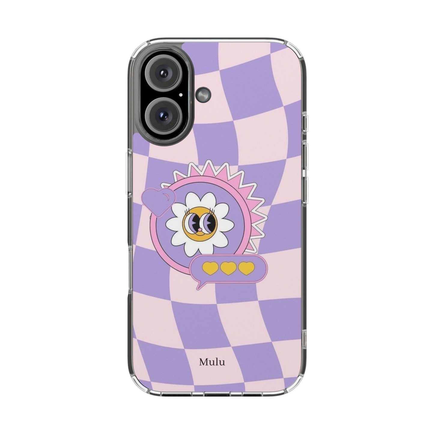 Clear Impact-Resistant Case — Cute Purple Checkerboard Dino with 'Mulu'