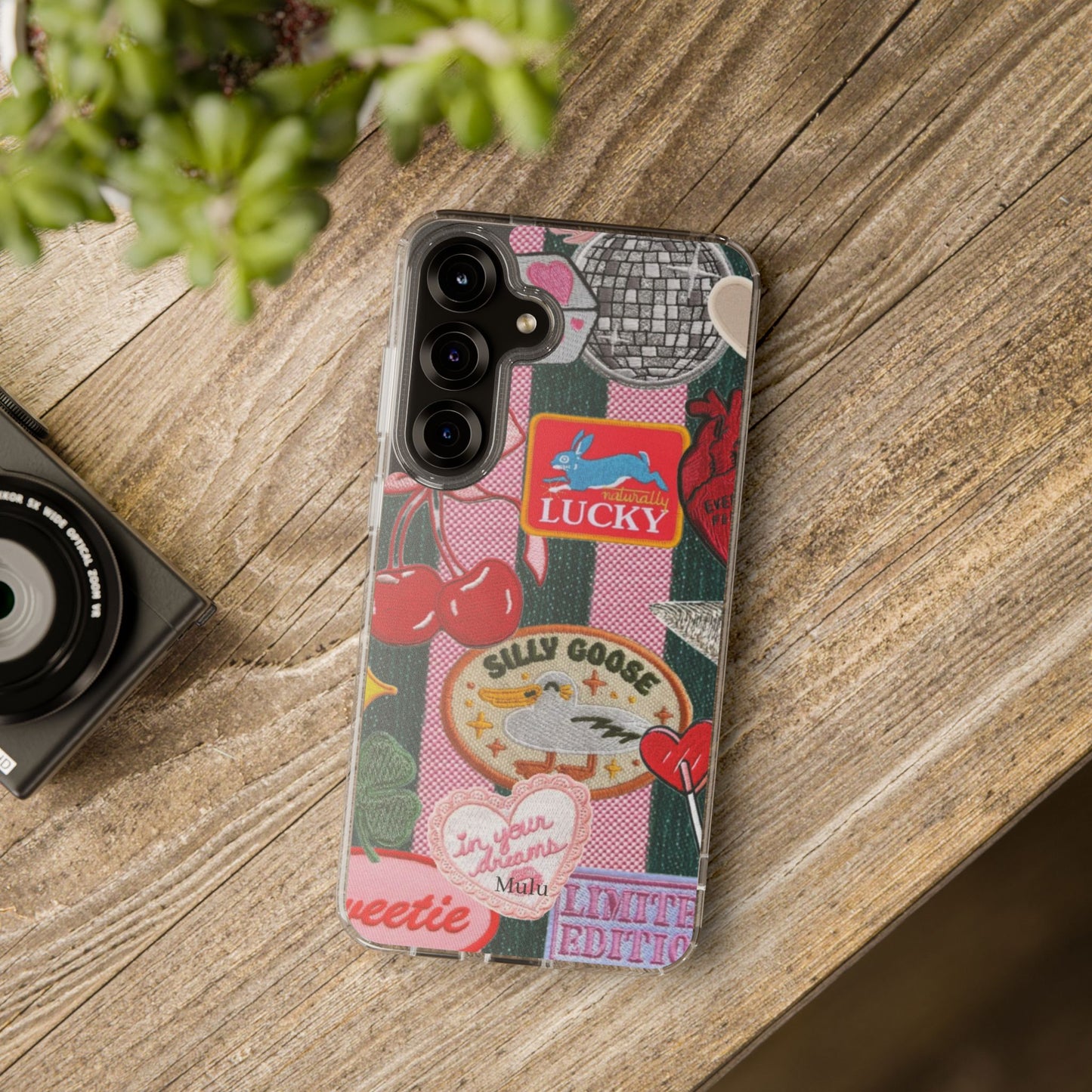 Clear Impact-Resistant Phone Case — Retro Patchwork Stickers (Lucky, Cherries, Silly Goose)