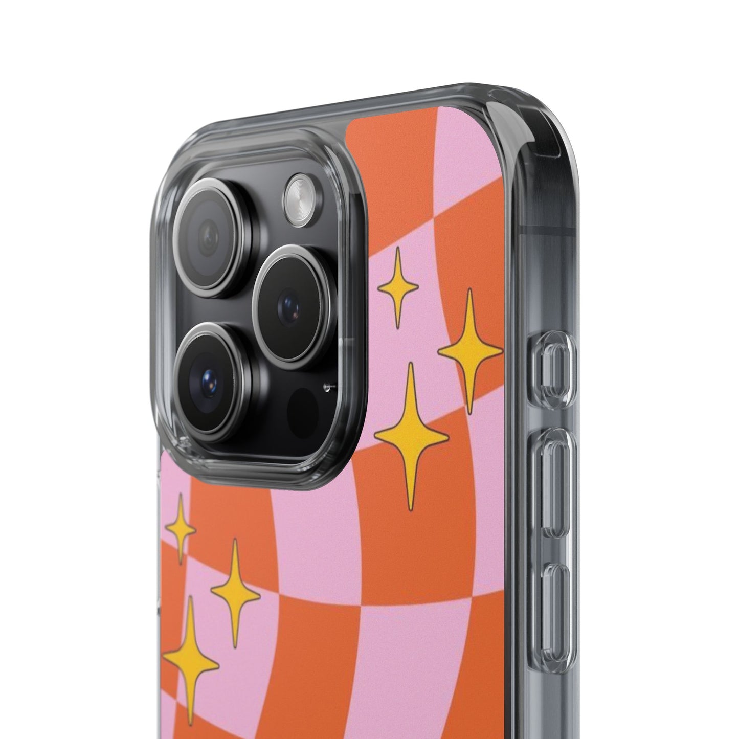 Clear Impact-Resistant Case — Retro Pink & Orange Checker with Sparkle Stars