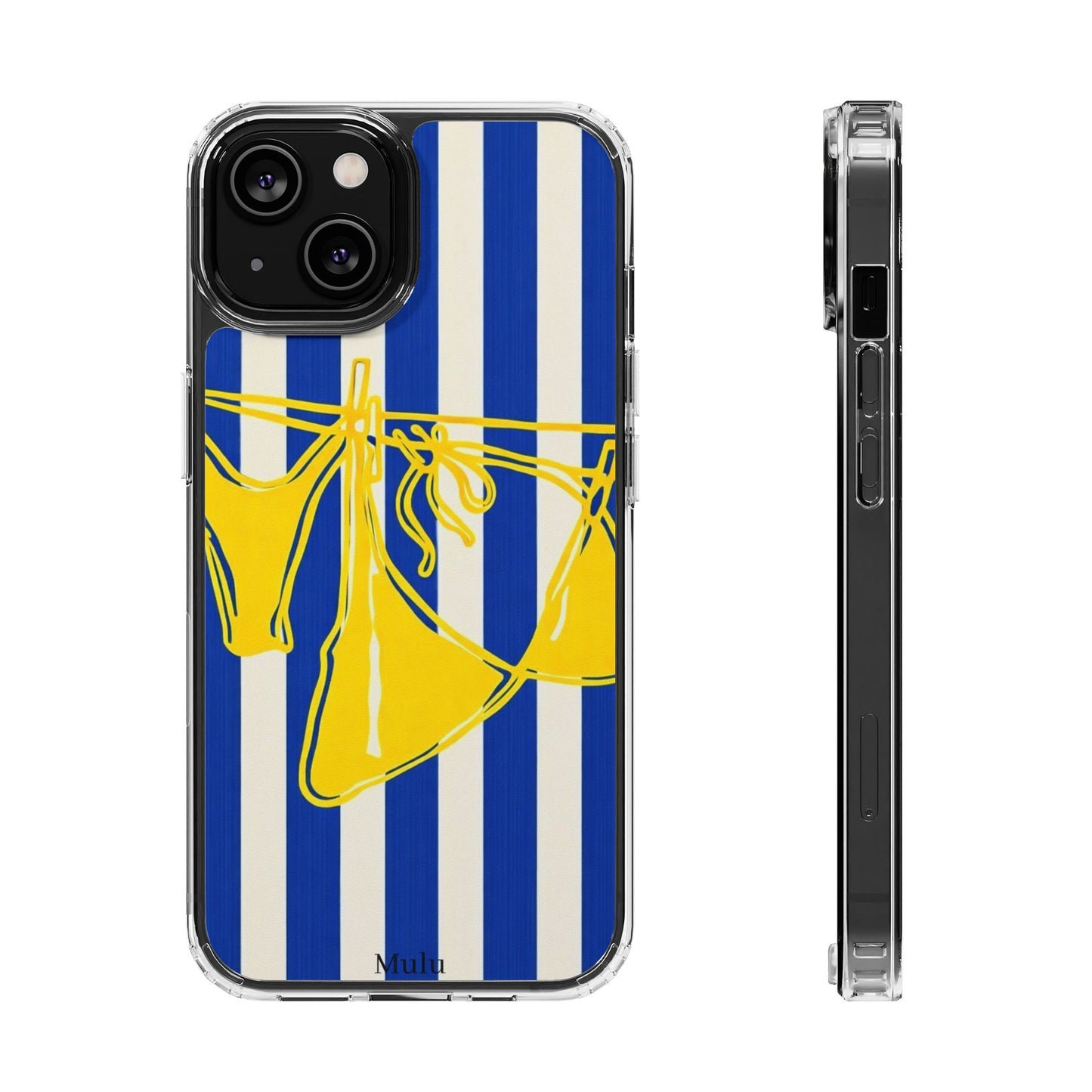 Striped Beach Bikini Phone Case — Yellow Swimwear on Blue & White Stripes, Clear Impact-Resistant