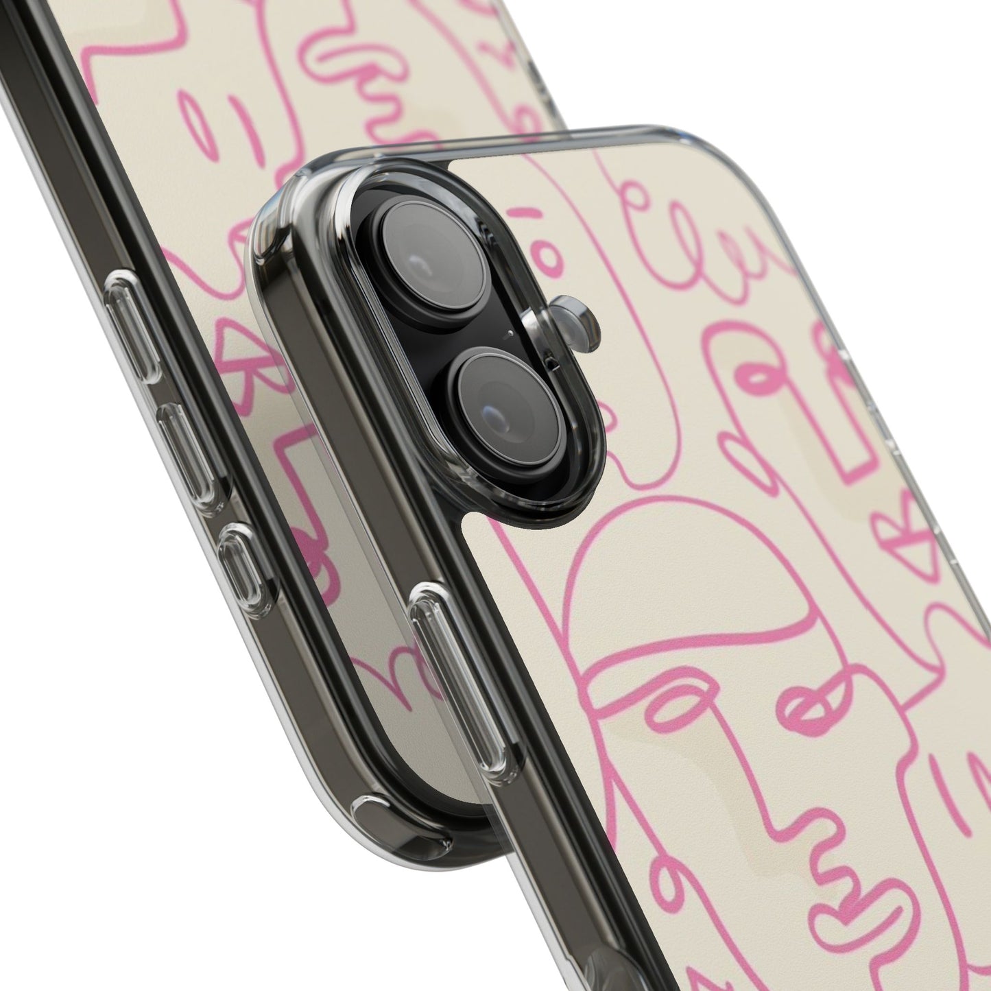 Clear Impact-Resistant Phone Case — Pink Minimalist Line Faces Design