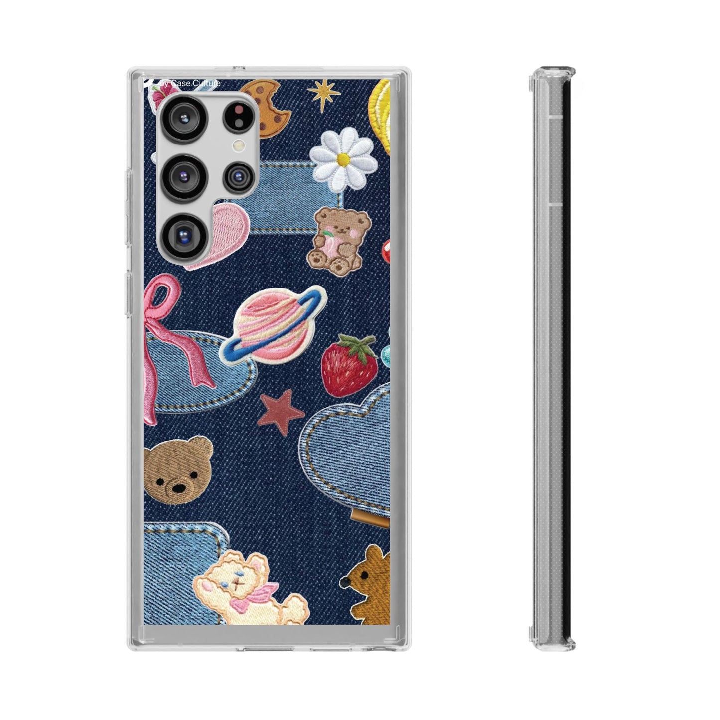 Clear Impact-Resistant Phone Case — Cute Denim Patch Collage (Teddy, Strawberry, Planet)