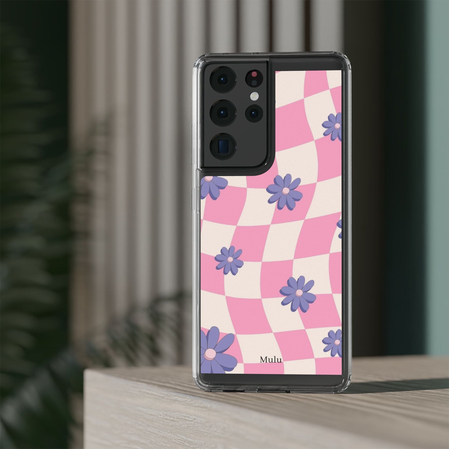 Clear Impact Phone Case — Pink Checkerboard with Purple Flowers