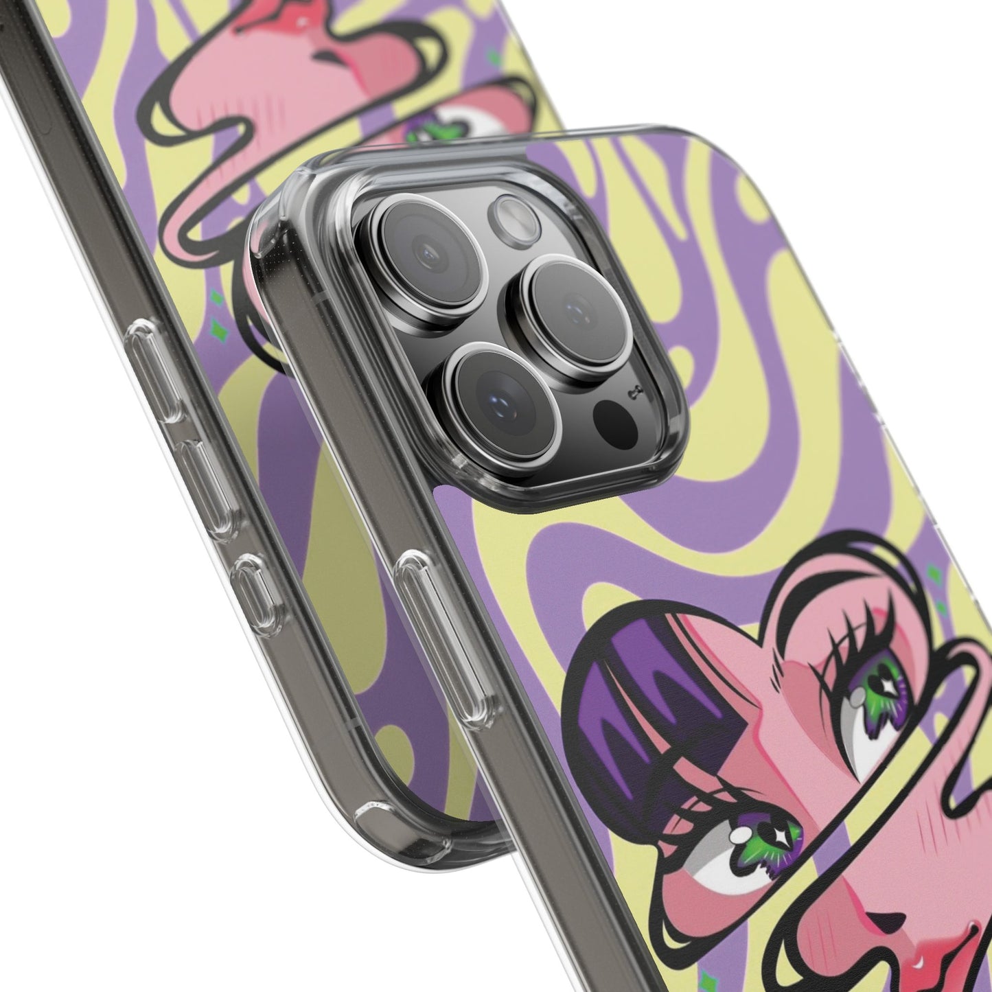 Clear Impact-Resistant Case — Retro Psychedelic Heart Face Design