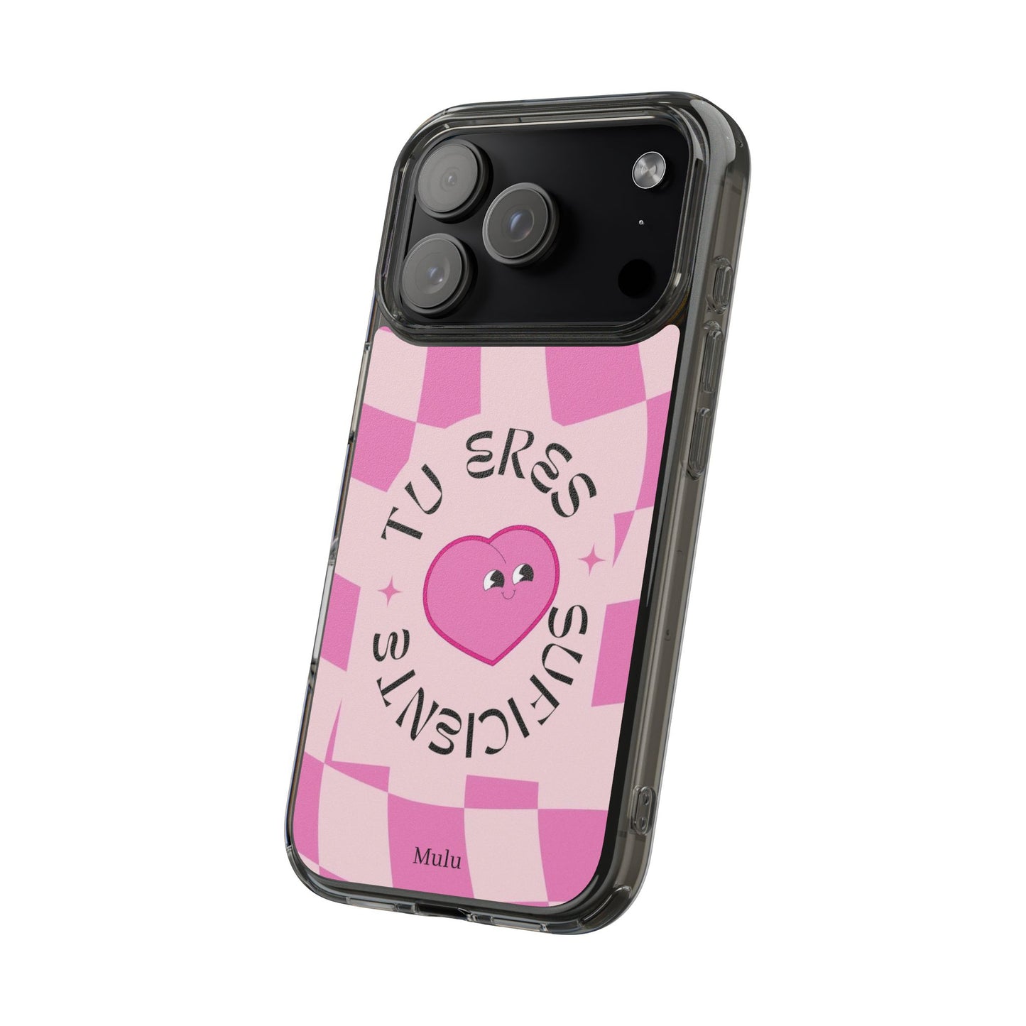 Clear Impact-Resistant Phone Case — Pink Checkerheart “Tu Eres Suficiente” Design