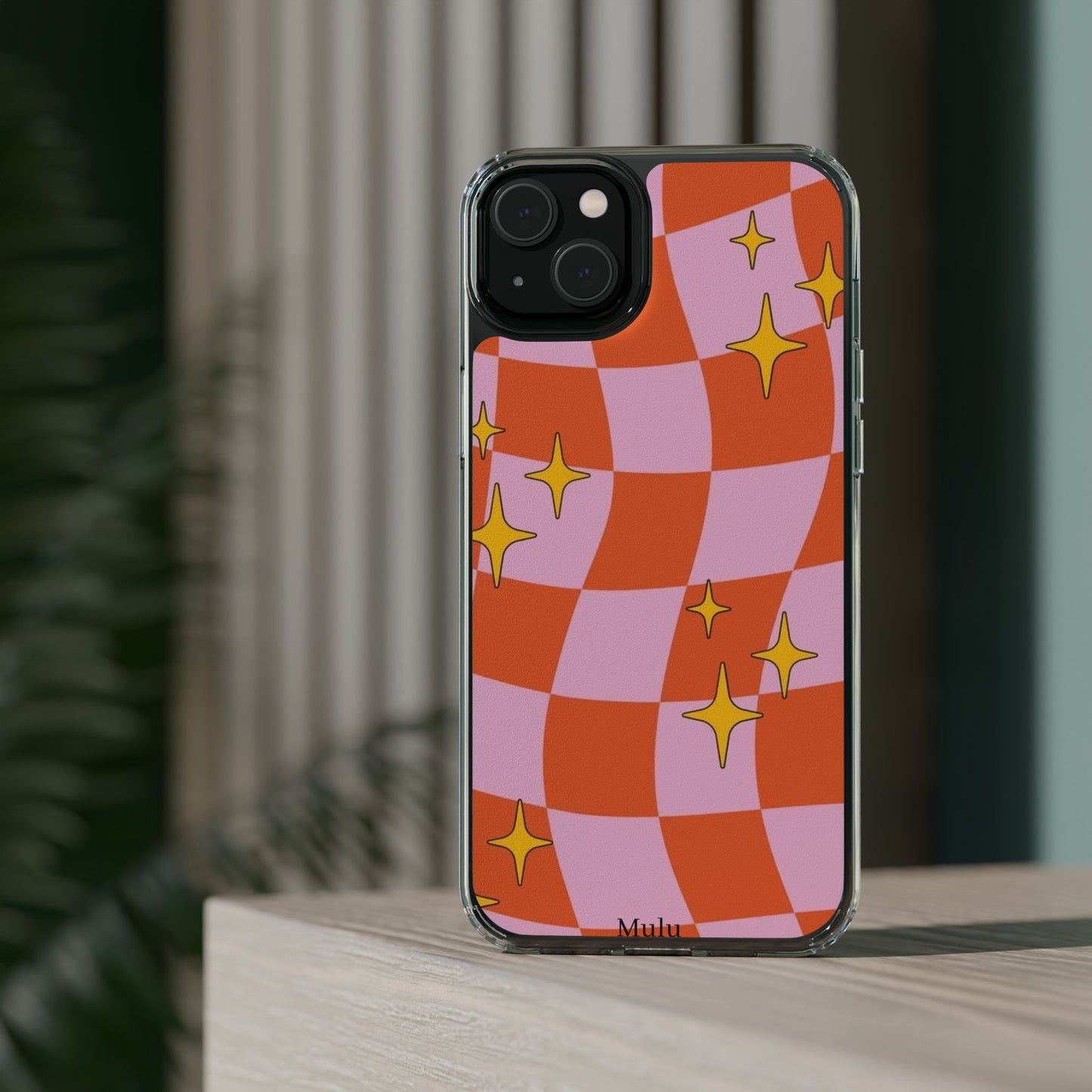 Clear Impact-Resistant Case — Retro Pink & Orange Checker with Sparkle Stars