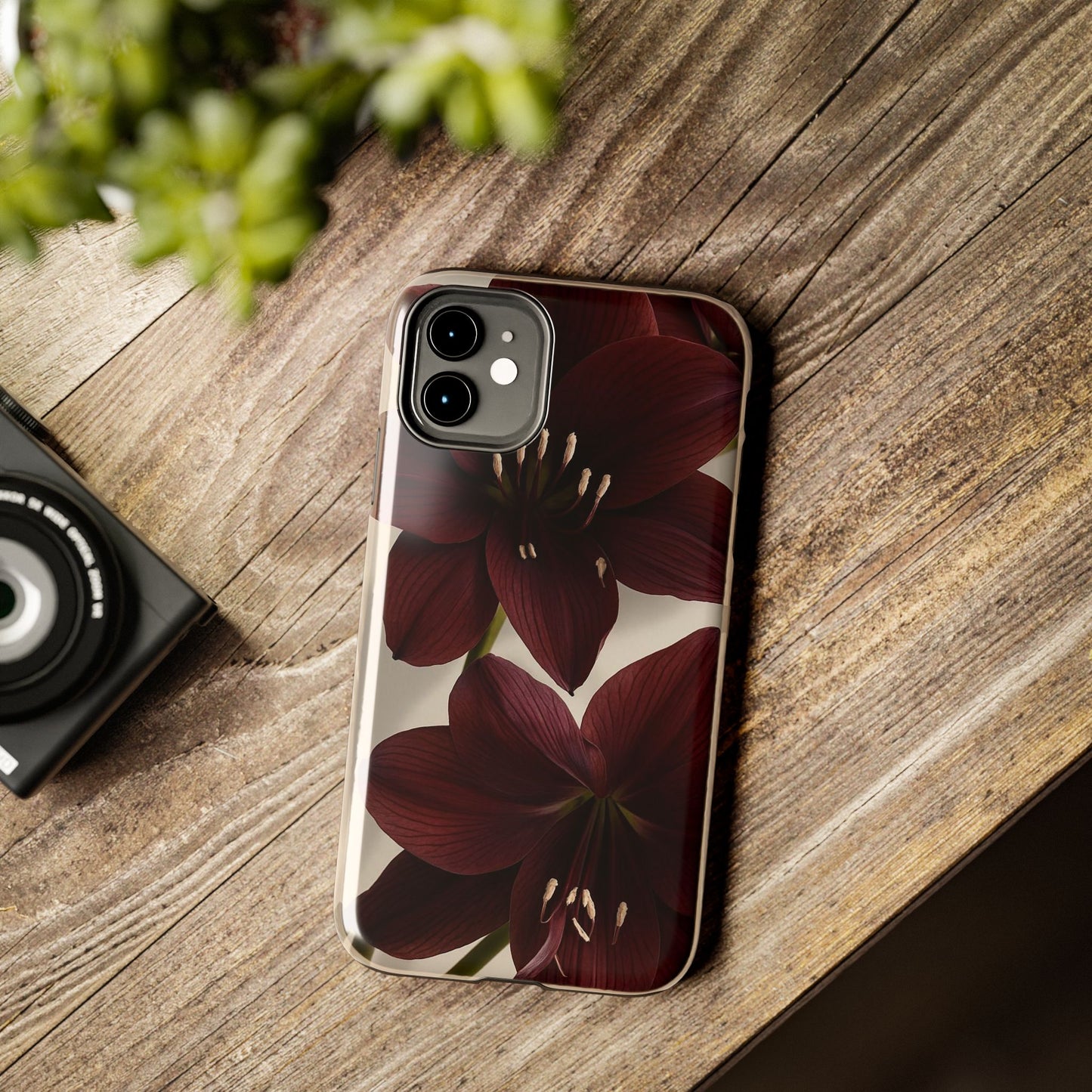 Amaryllis Noir Tough Phone Case — Dark Burgundy Floral Protective Cover