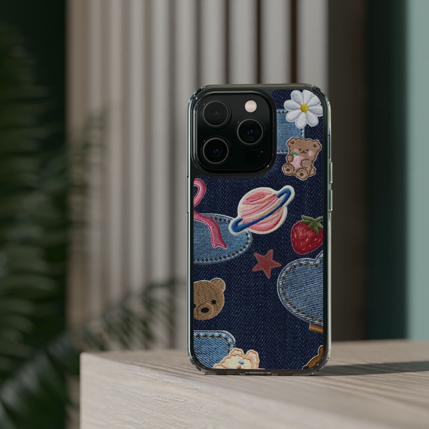 Clear Impact-Resistant Phone Case — Cute Denim Patch Collage (Teddy, Strawberry, Planet)