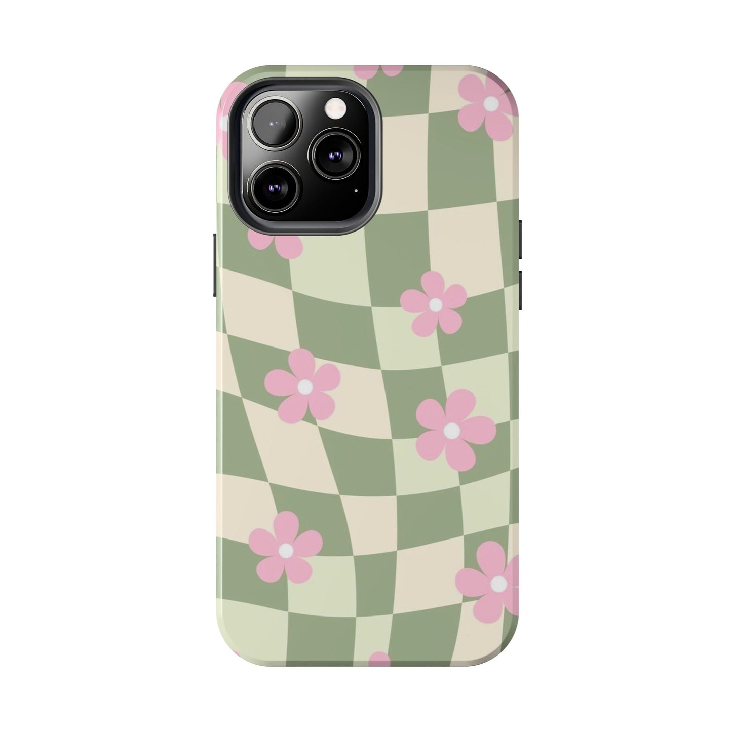 Tough Phone Case — Retro Green Checkerboard with Pink Flowers