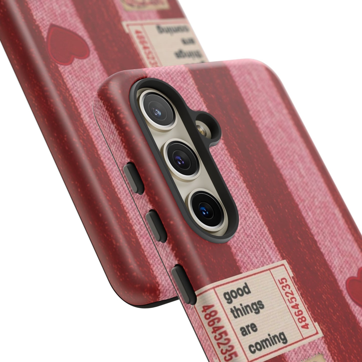 Phone Case — Red Striped Heart Design with “Good Things Are Coming”