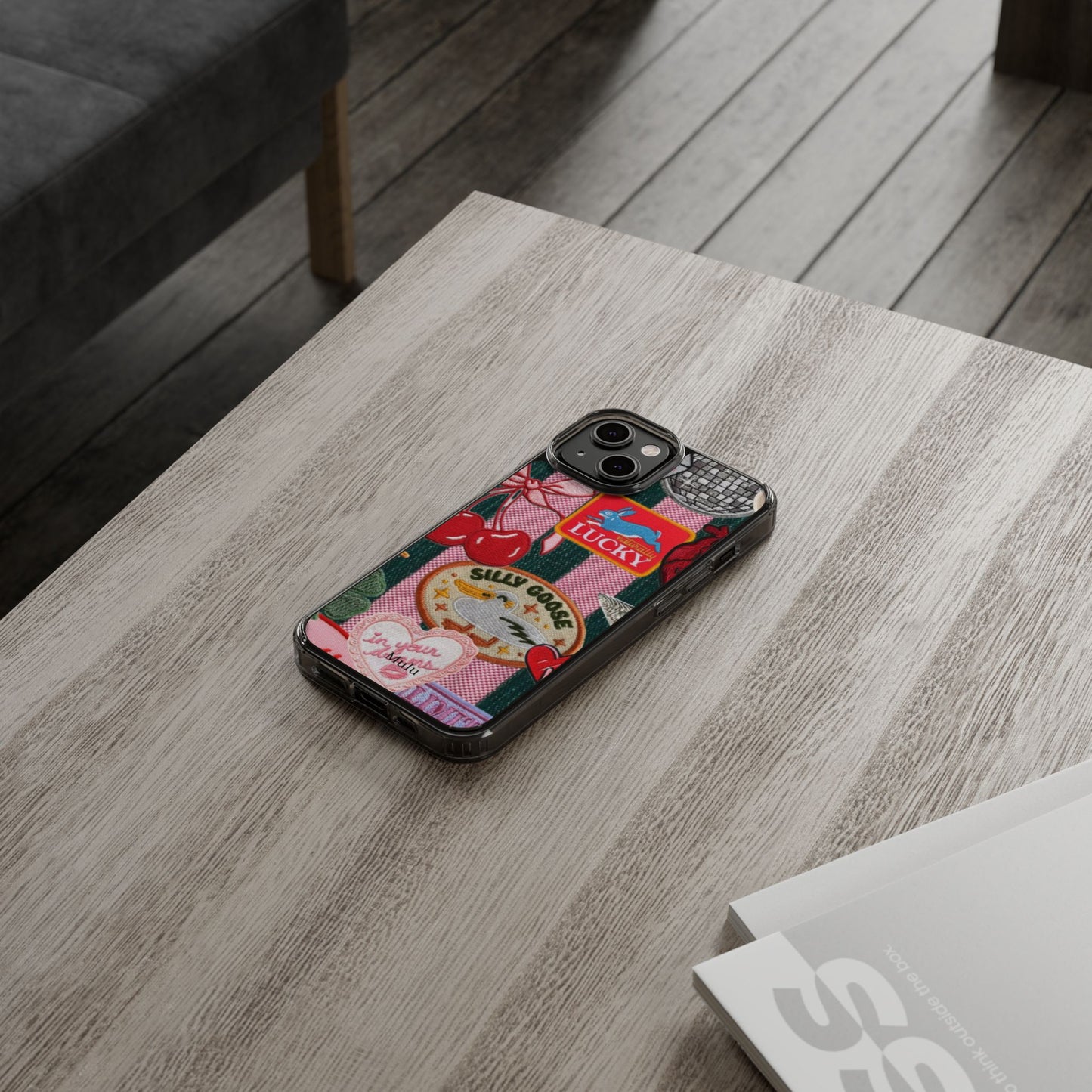 Clear Impact-Resistant Phone Case — Retro Patchwork Stickers (Lucky, Cherries, Silly Goose)