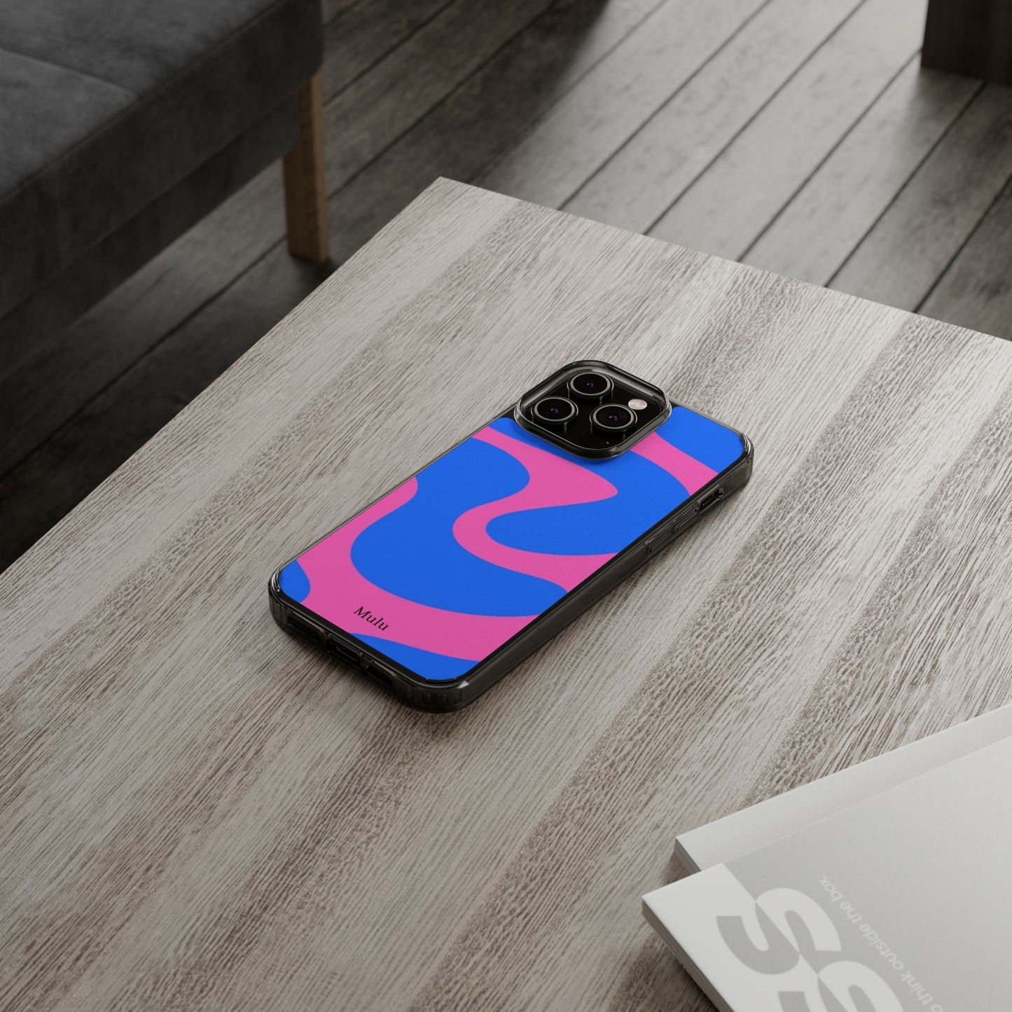 Clear Impact-Resistant Phone Case — Retro Blue & Pink Abstract Swirl