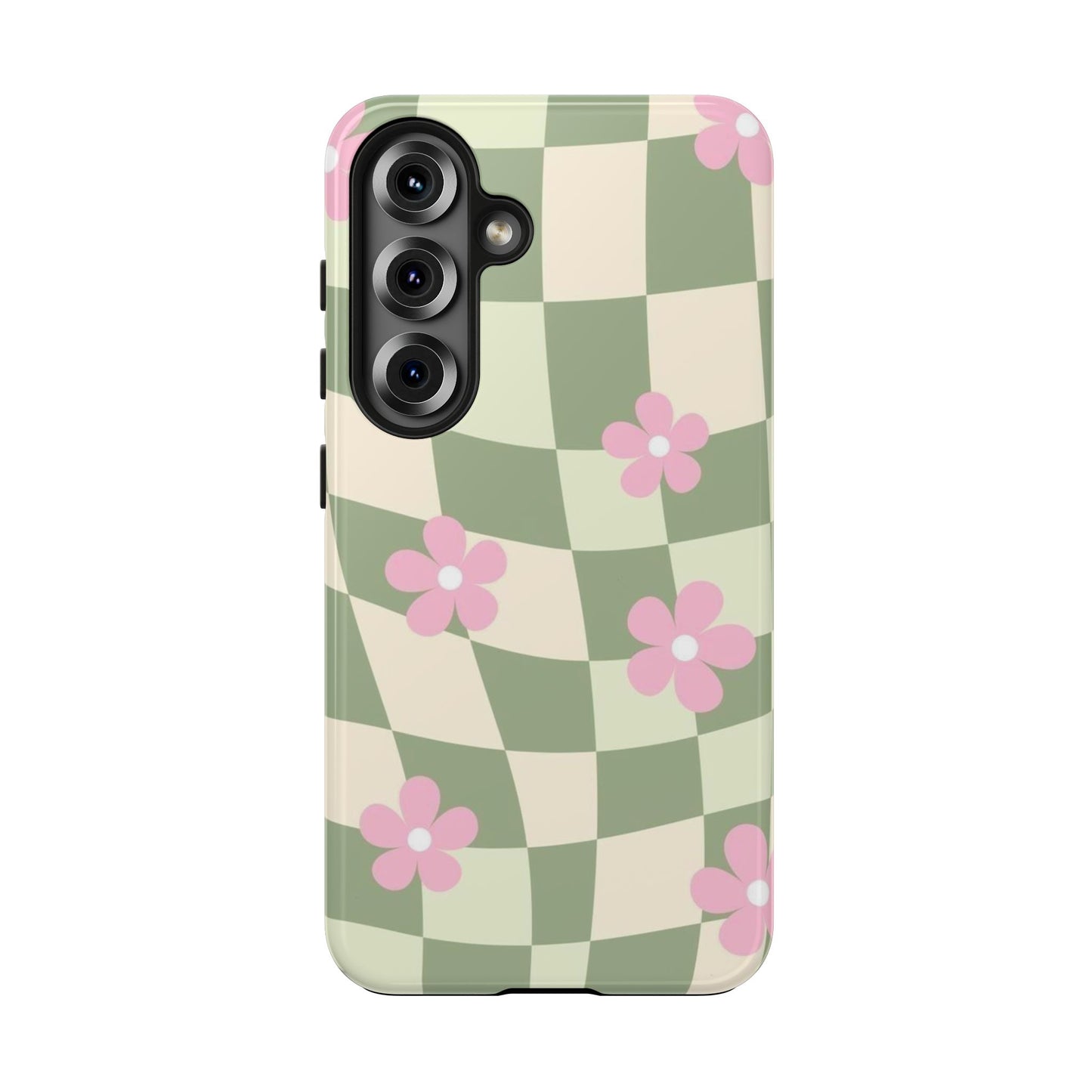 Tough Phone Case — Retro Green Checkerboard with Pink Flowers