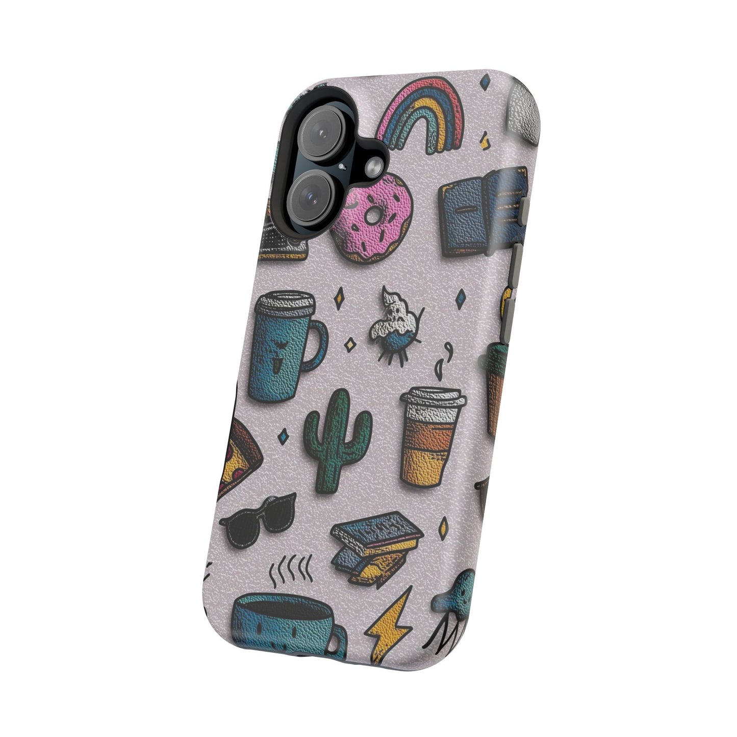 Cute Doodle Phone Case — Magnetic Impact-Resistant Design (coffee, rainbow, cactus)