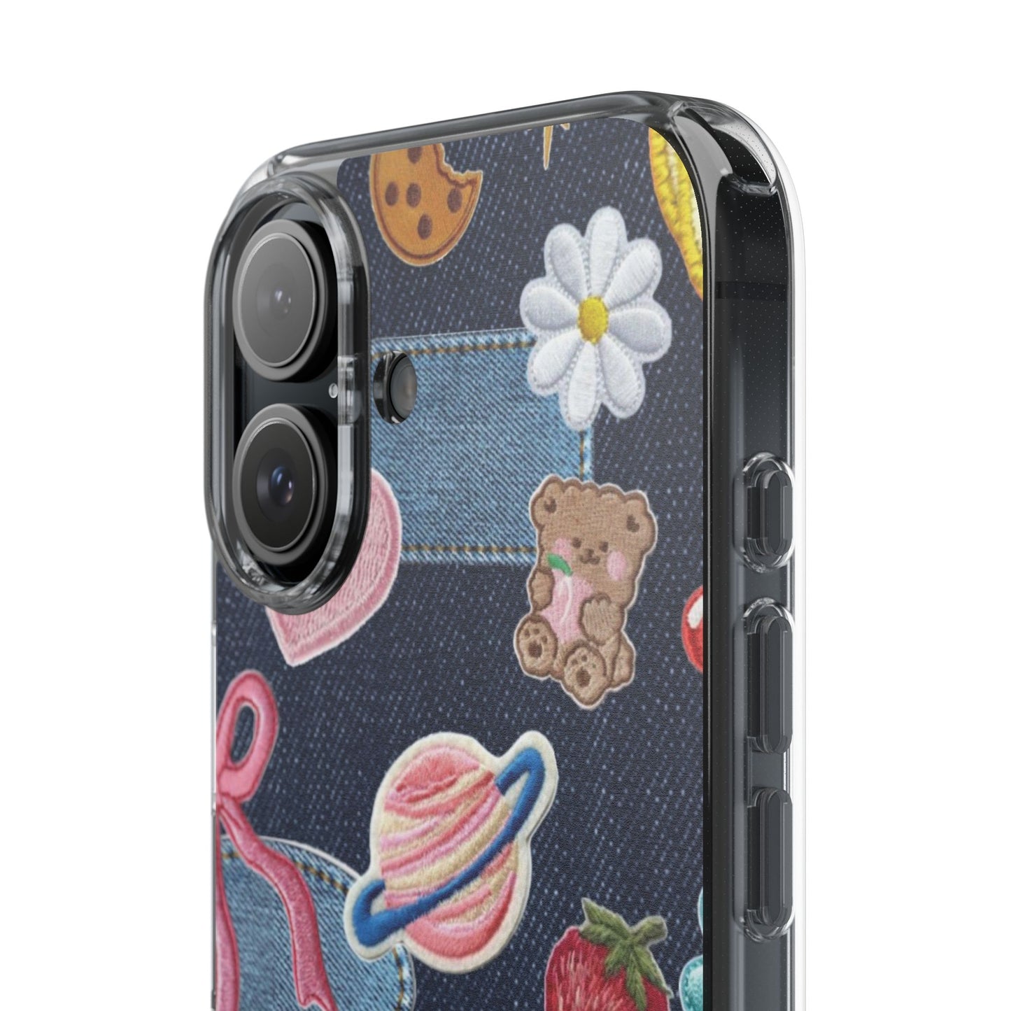 Clear Impact-Resistant Phone Case — Cute Denim Patch Collage (Teddy, Strawberry, Planet)