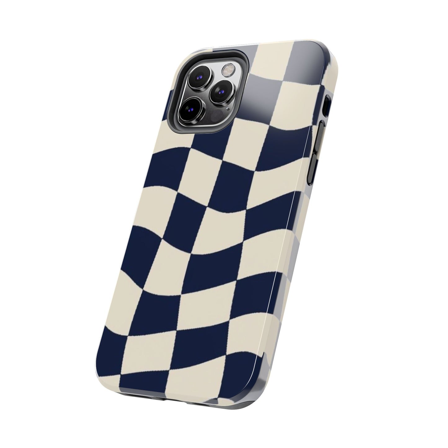 Wavy Checkerboard Tough Phone Case — Navy & Cream Protective Cover