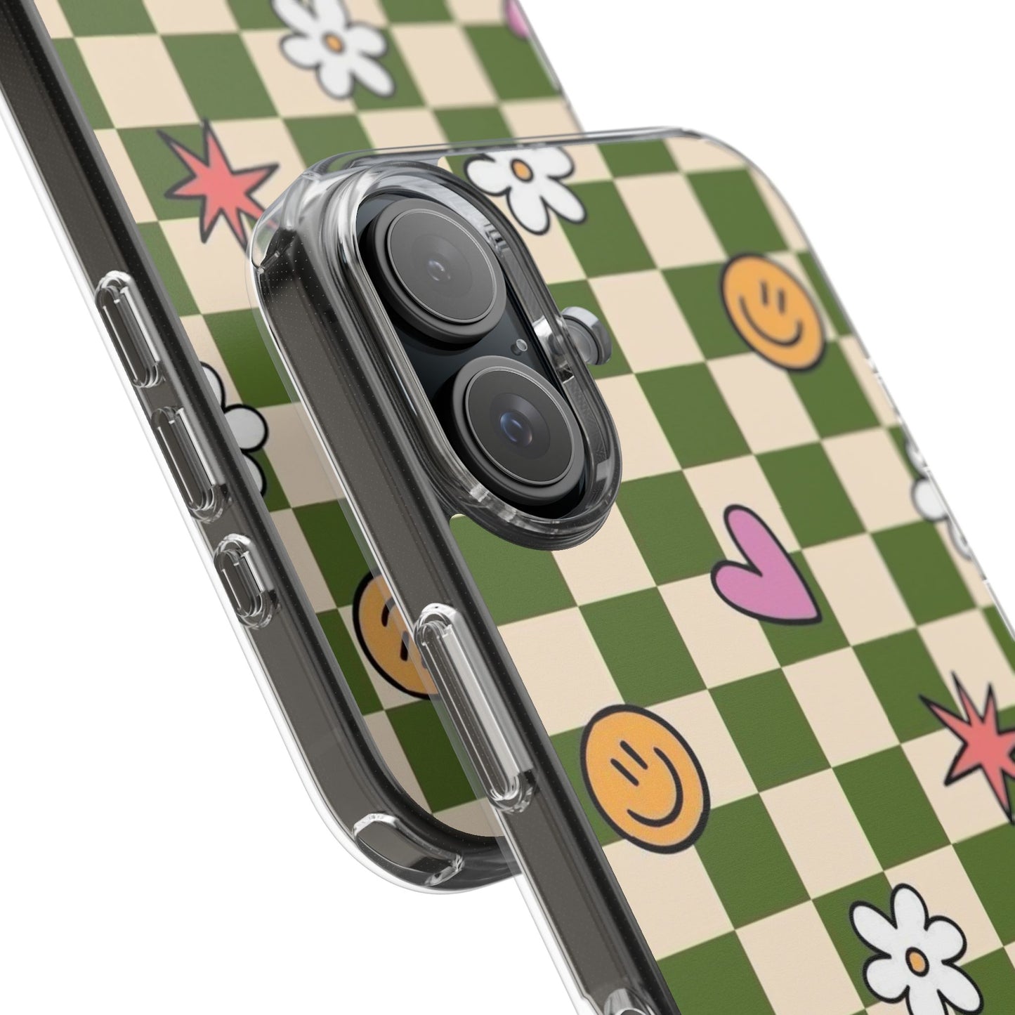 Clear Impact-Resistant Case — Retro Green Checkerboard with Smiley, Hearts & Flowers