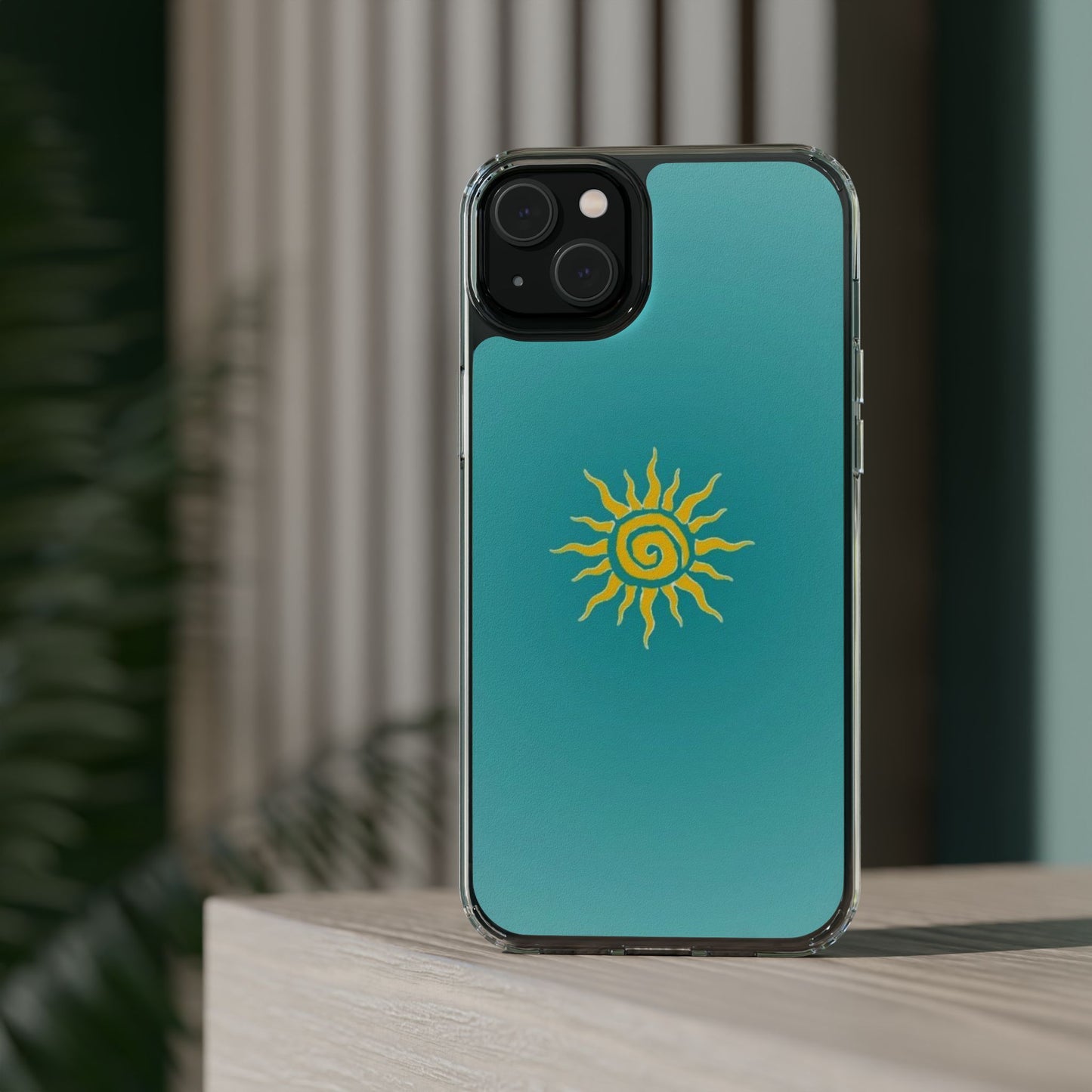 Clear Impact-Resistant Phone Case — Yellow Sun on Teal Gradient
