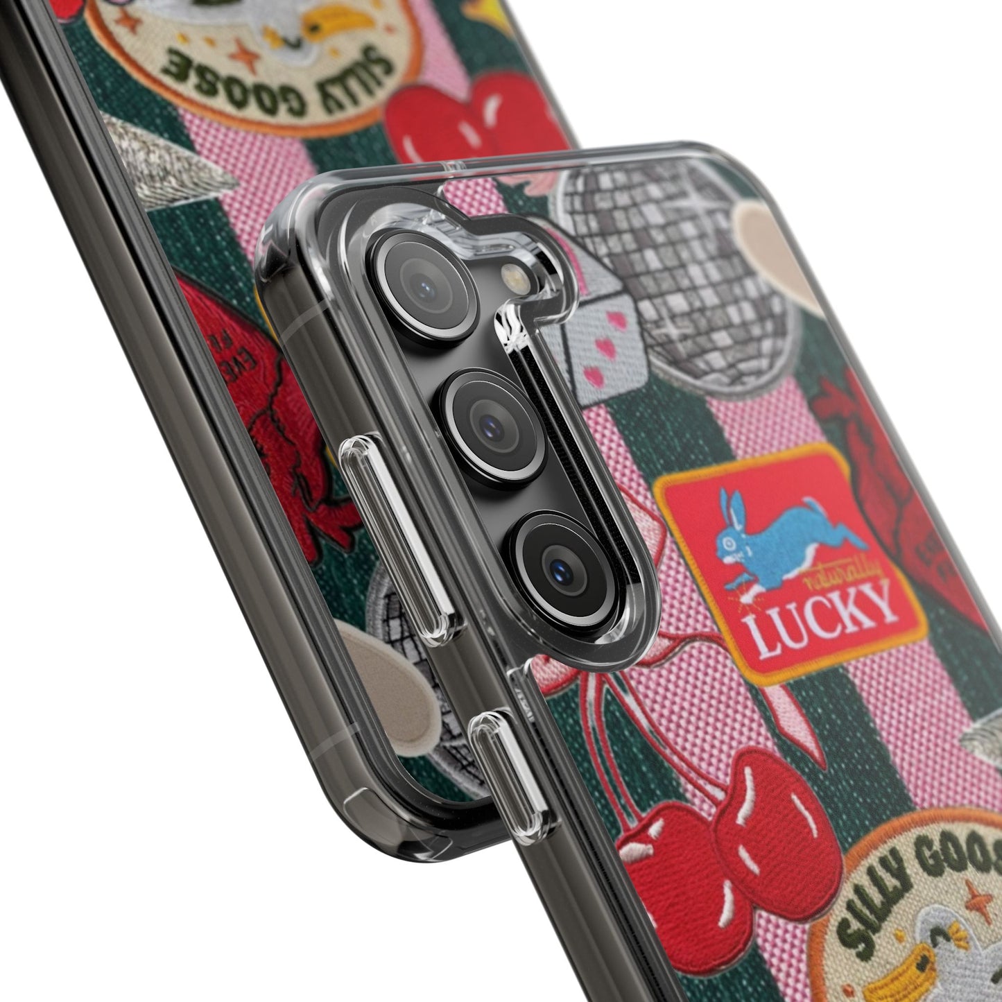 Clear Impact-Resistant Phone Case — Retro Patchwork Stickers (Lucky, Cherries, Silly Goose)
