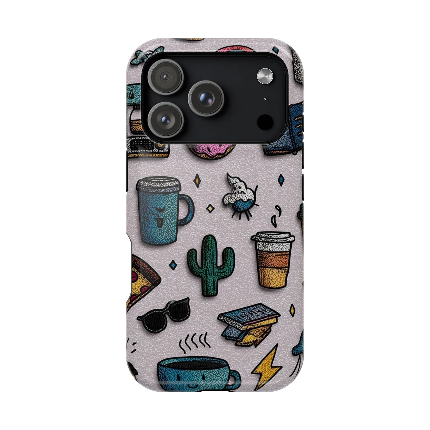 Cute Doodle Phone Case — Magnetic Impact-Resistant Design (coffee, rainbow, cactus)