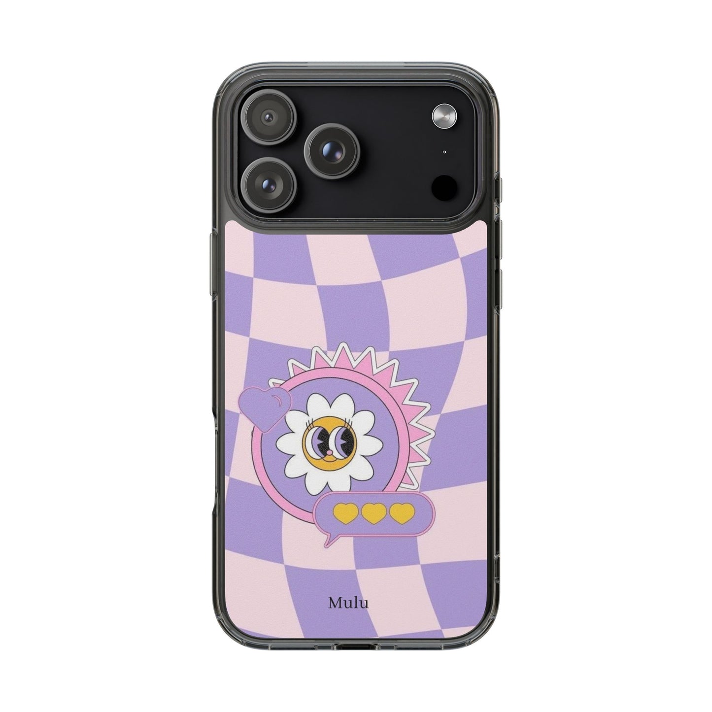 Clear Impact-Resistant Case — Cute Purple Checkerboard Dino with 'Mulu'