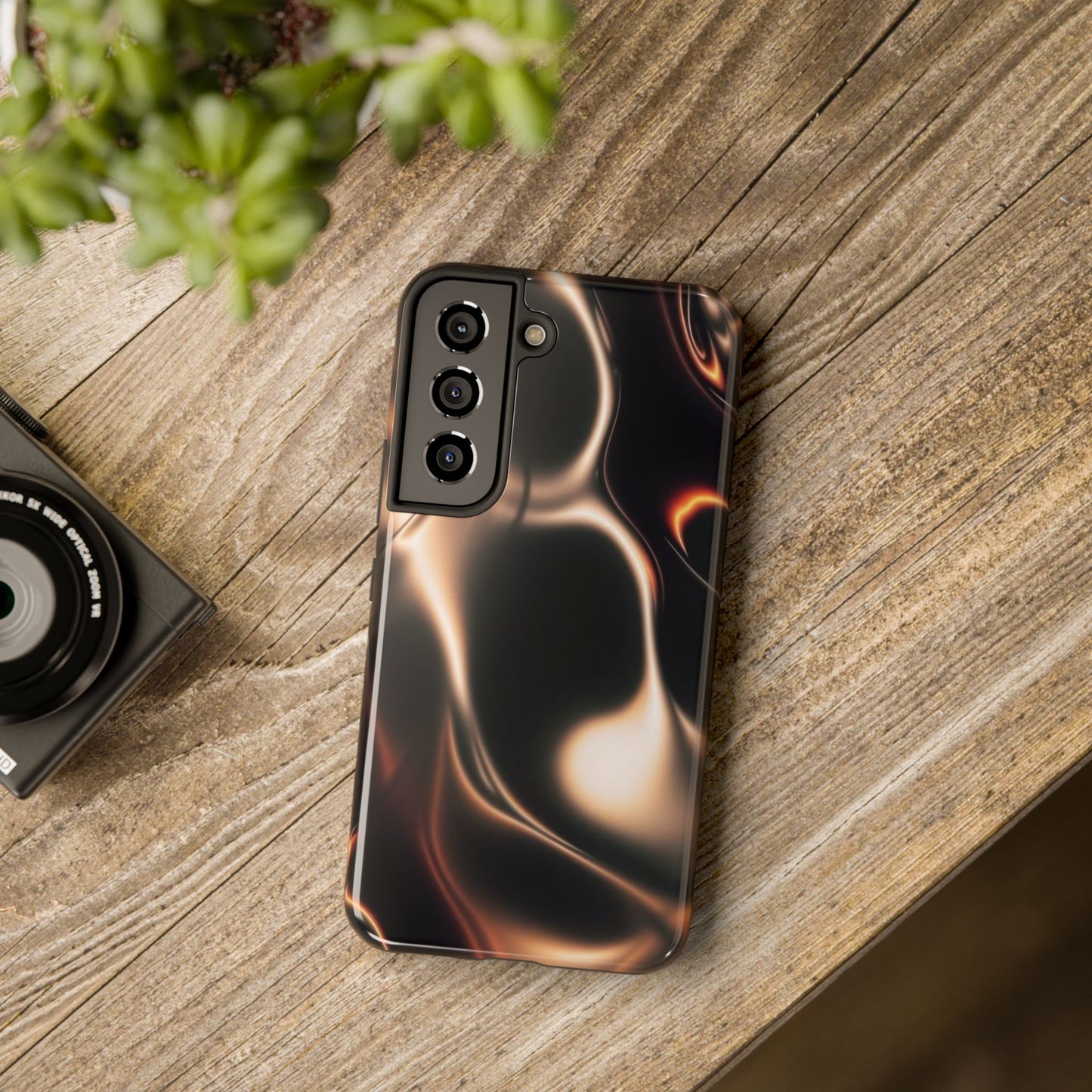 Abstract Liquid Glow Tough Phone Case — Black & Bronze Swirl Protective Cover