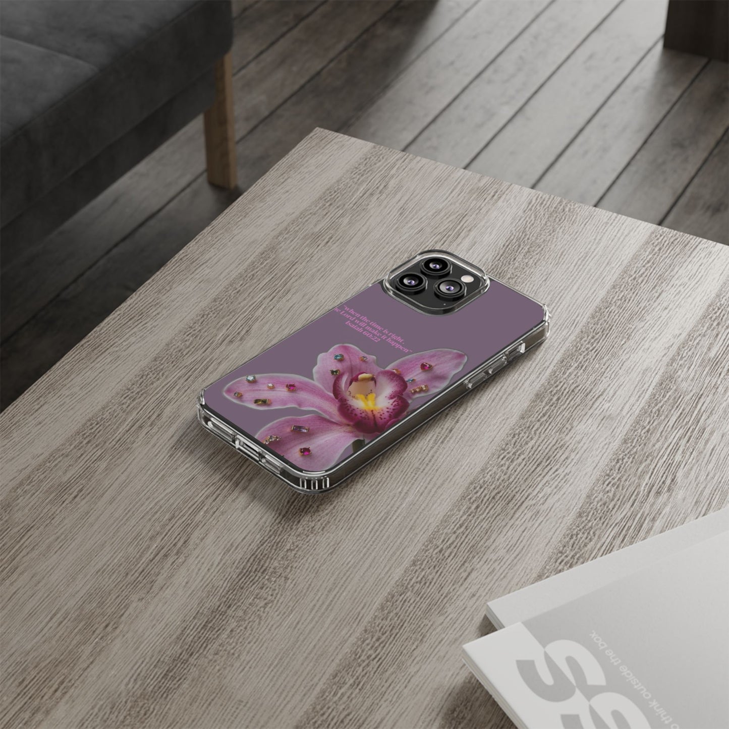 Clear Floral Impact-Resistant Phone Case — "When the time is right" Rose Orchid Design