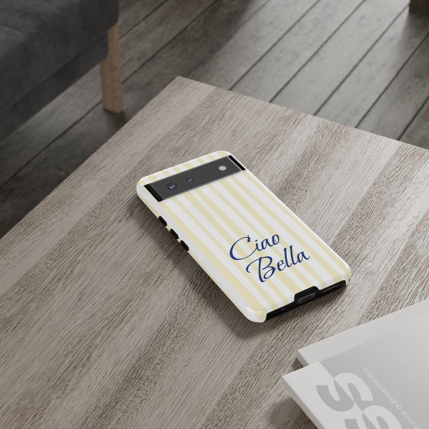 Ciao Bella Phone Case – Striped Elegant Italian Script Protective Cover
