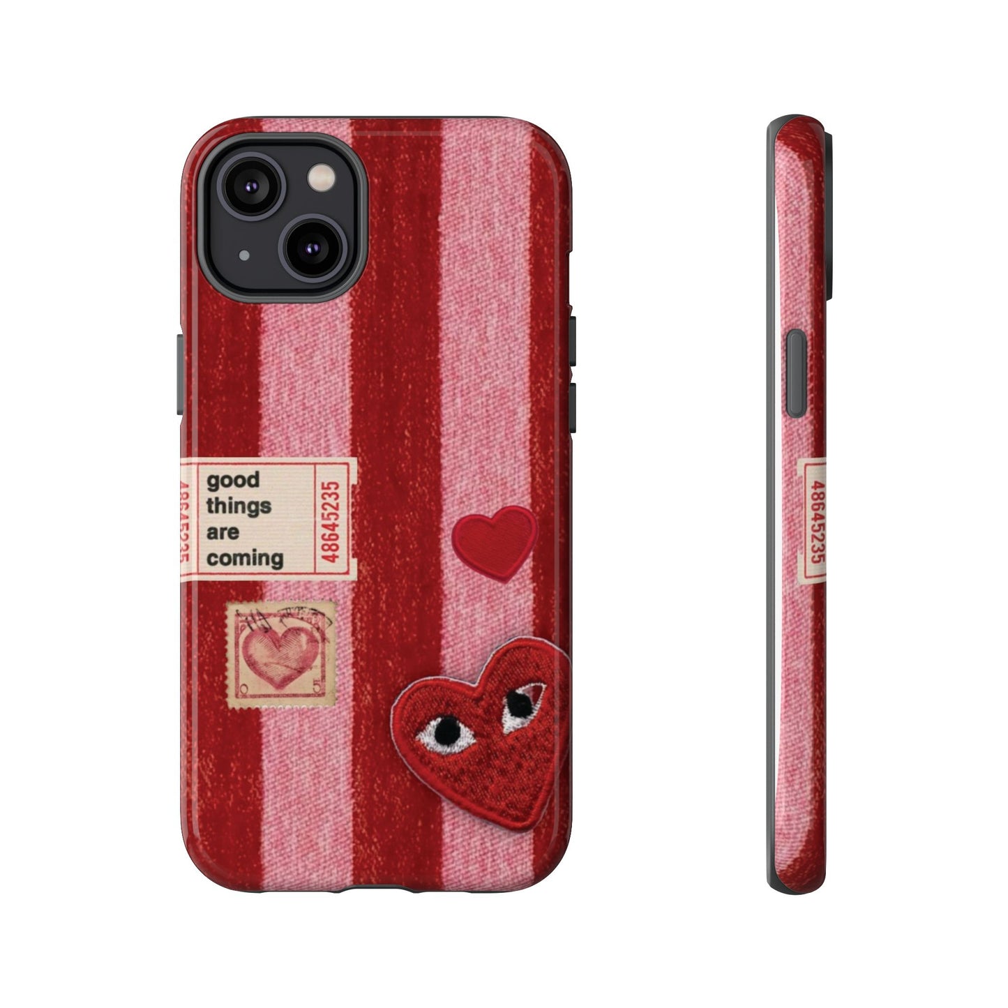 Phone Case — Red Striped Heart Design with “Good Things Are Coming”