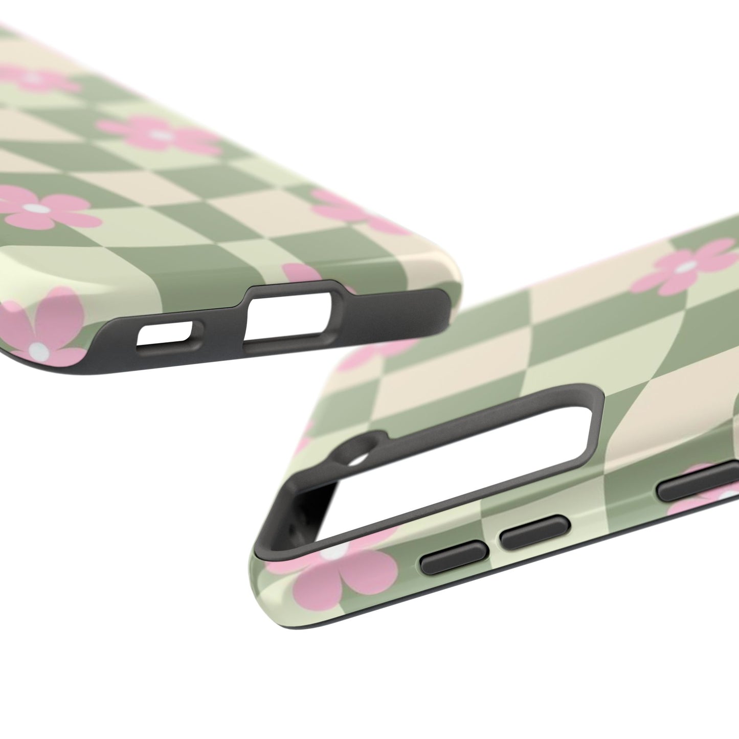 Tough Phone Case — Retro Green Checkerboard with Pink Flowers