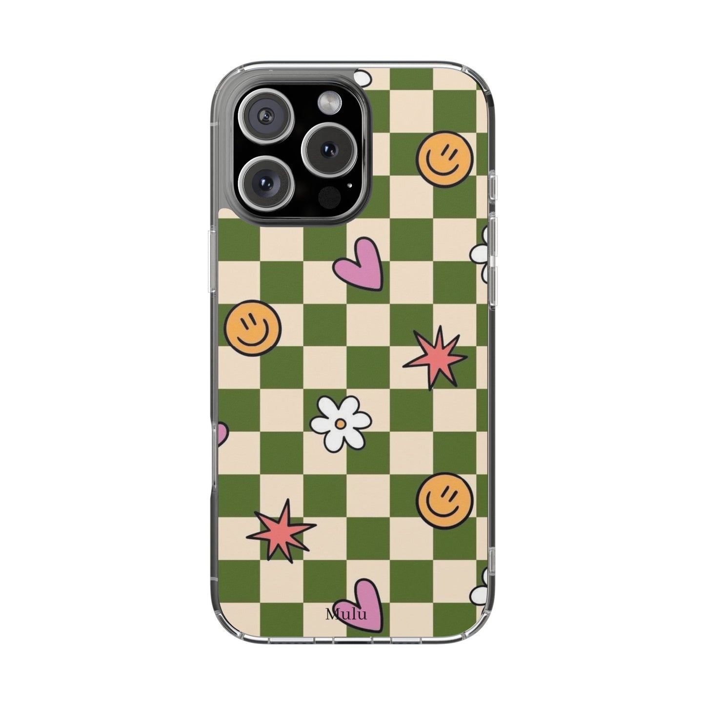 Clear Impact-Resistant Case — Retro Green Checkerboard with Smiley, Hearts & Flowers