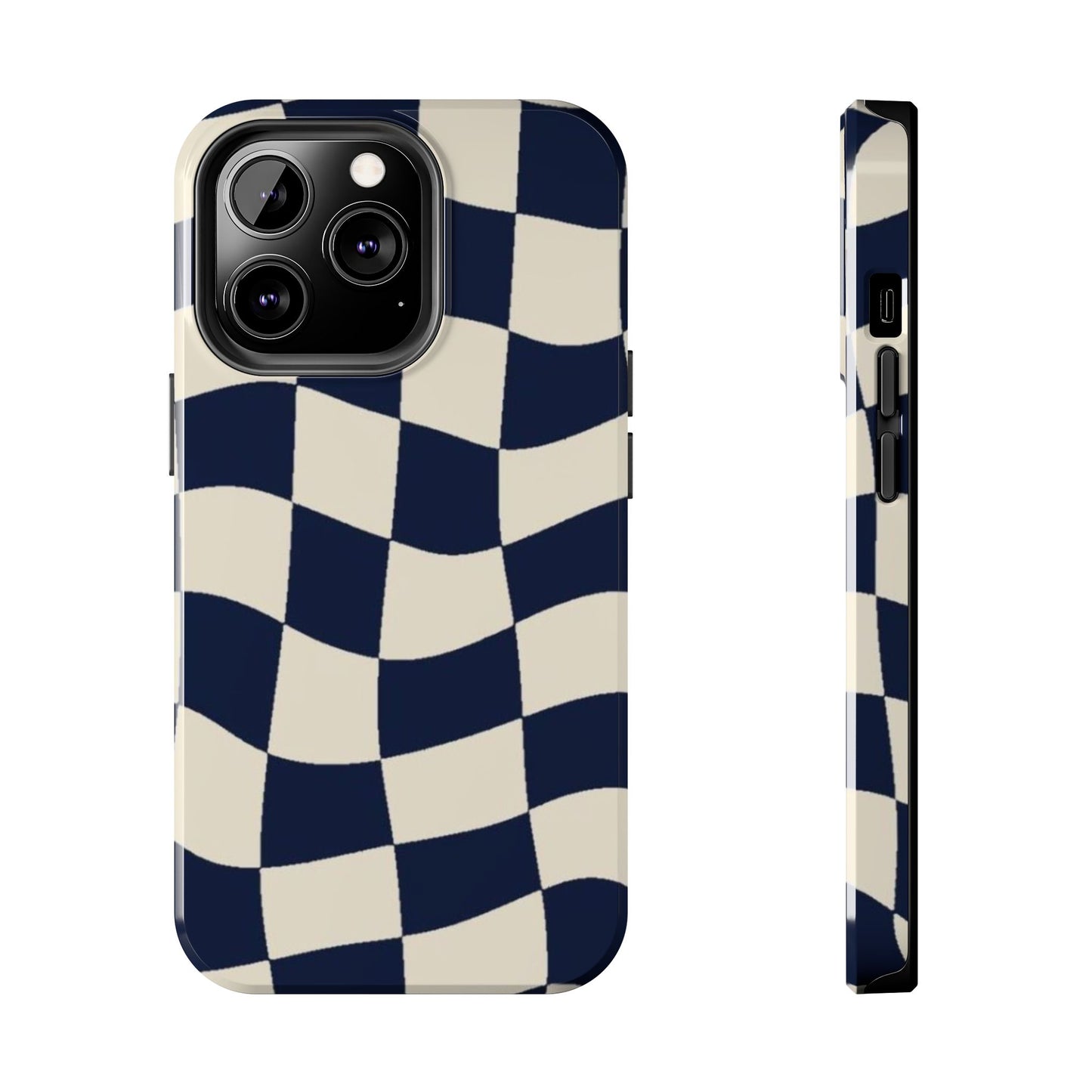 Wavy Checkerboard Tough Phone Case — Navy & Cream Protective Cover
