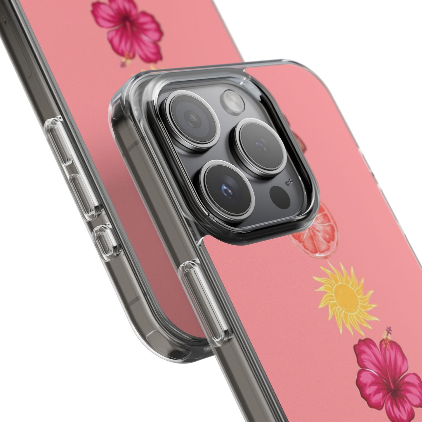 Clear Impact-Resistant Phone Case — Tropical Sun & Hibiscus Floral Design