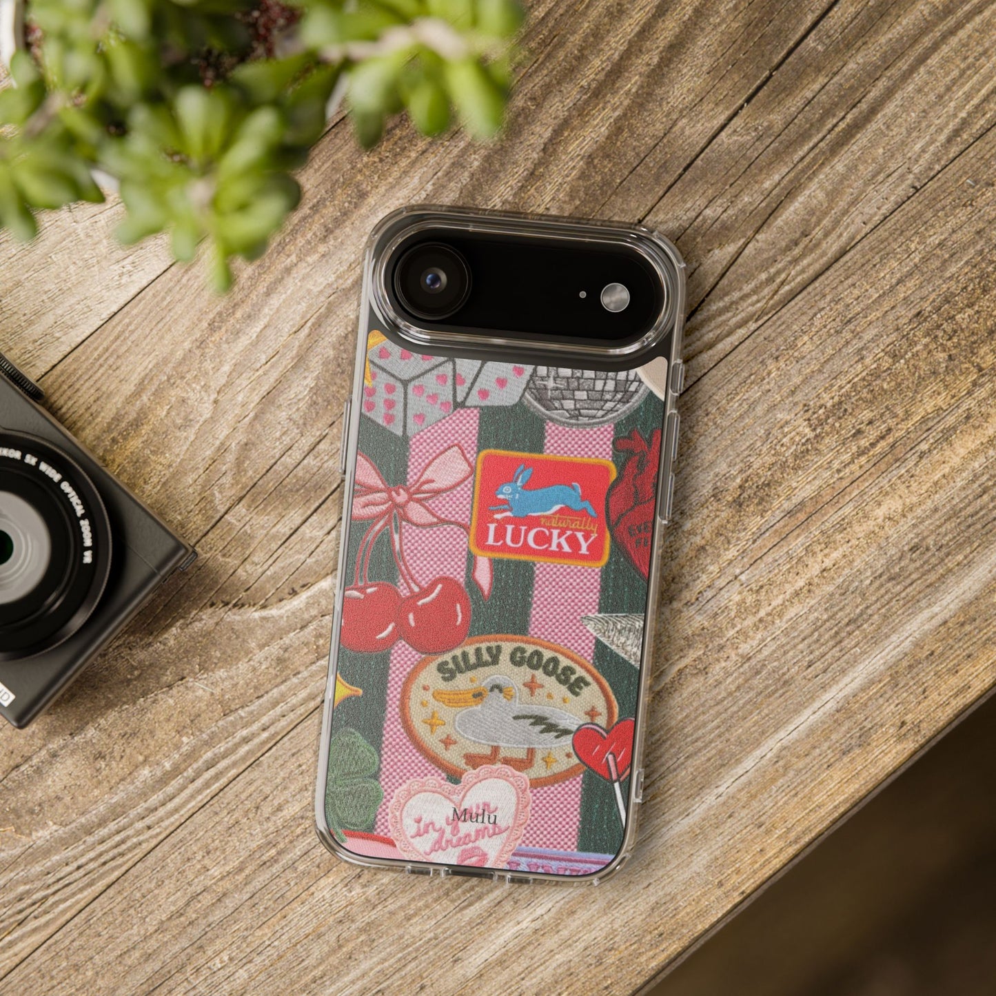 Clear Impact-Resistant Phone Case — Retro Patchwork Stickers (Lucky, Cherries, Silly Goose)