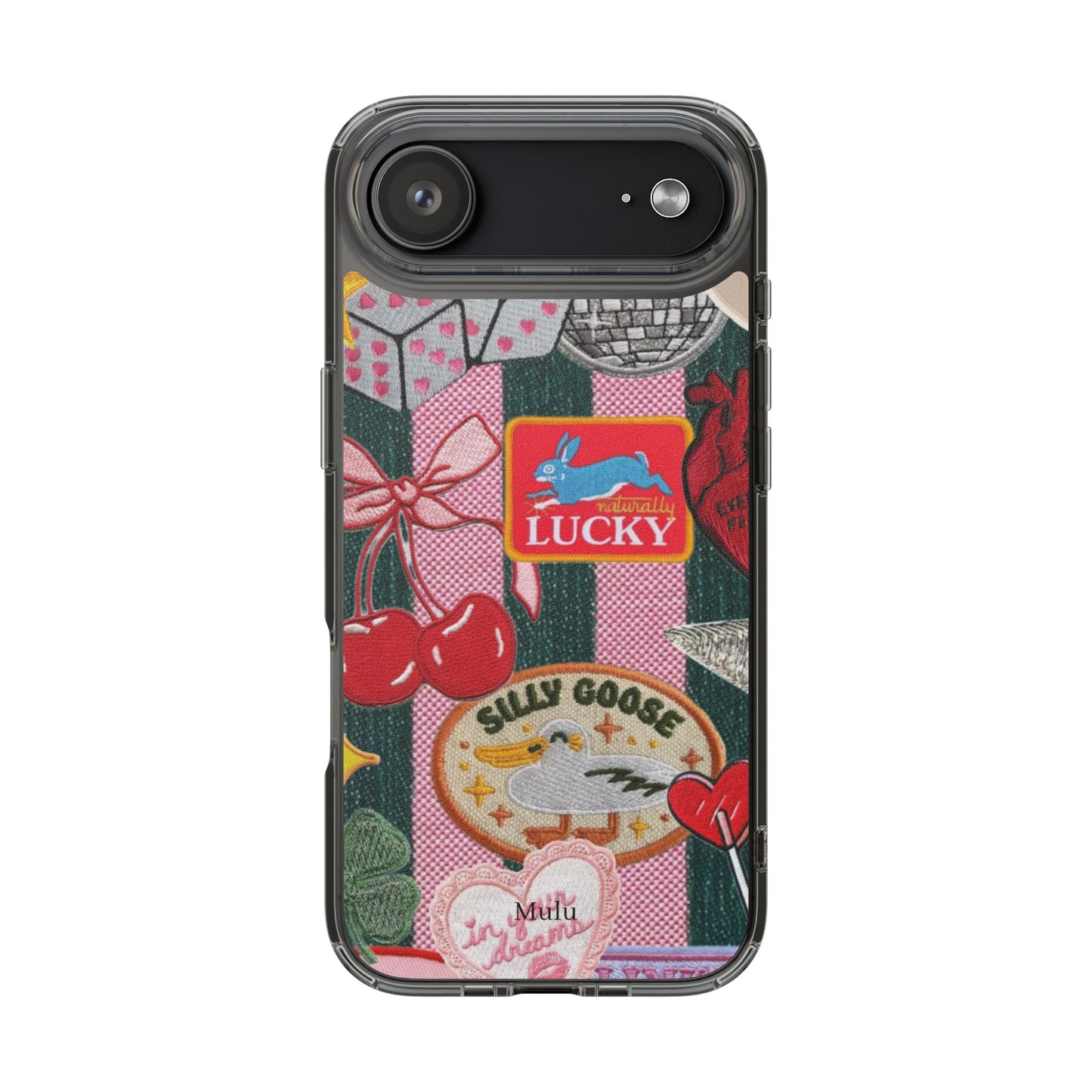 Clear Impact-Resistant Phone Case — Retro Patchwork Stickers (Lucky, Cherries, Silly Goose)
