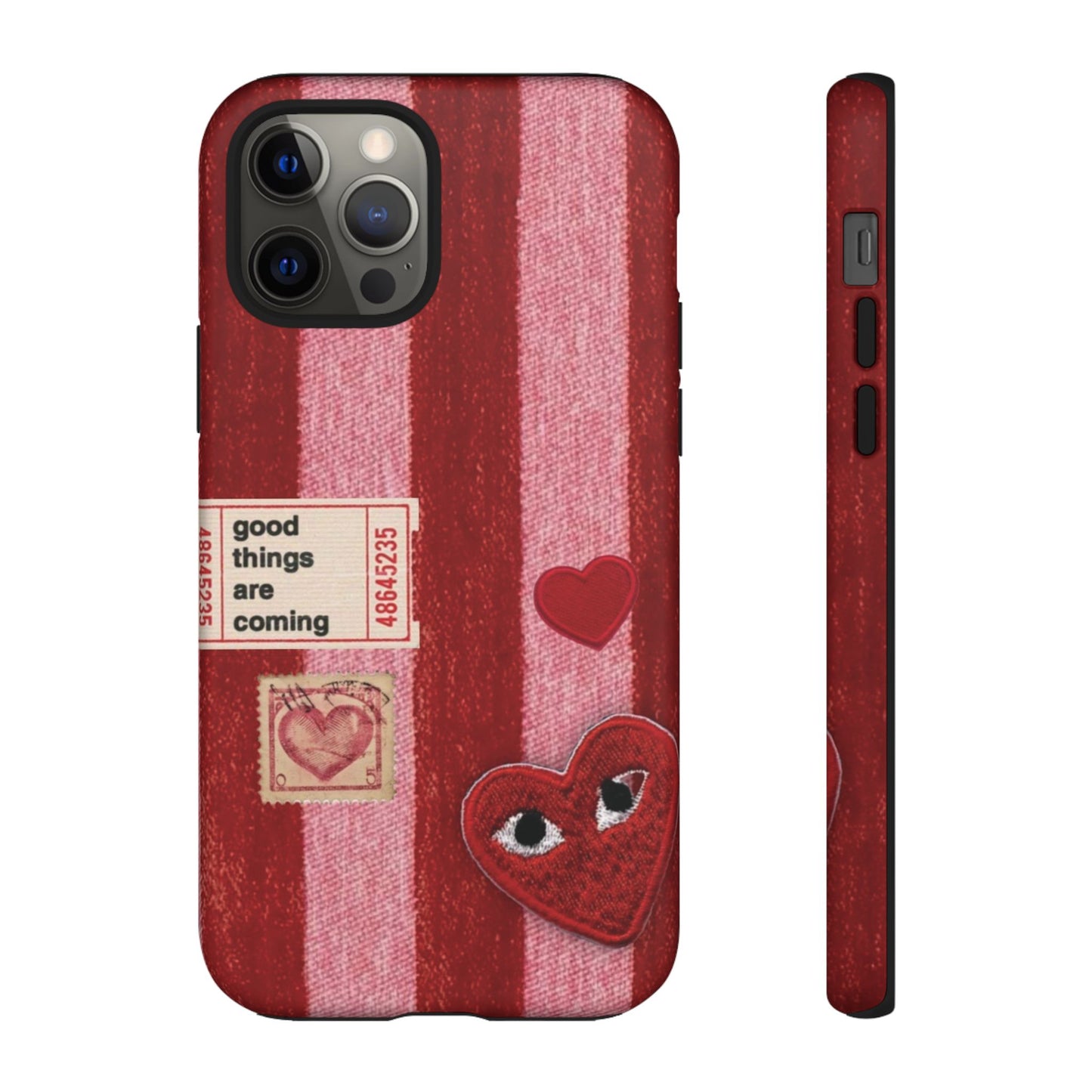 Phone Case — Red Striped Heart Design with “Good Things Are Coming”