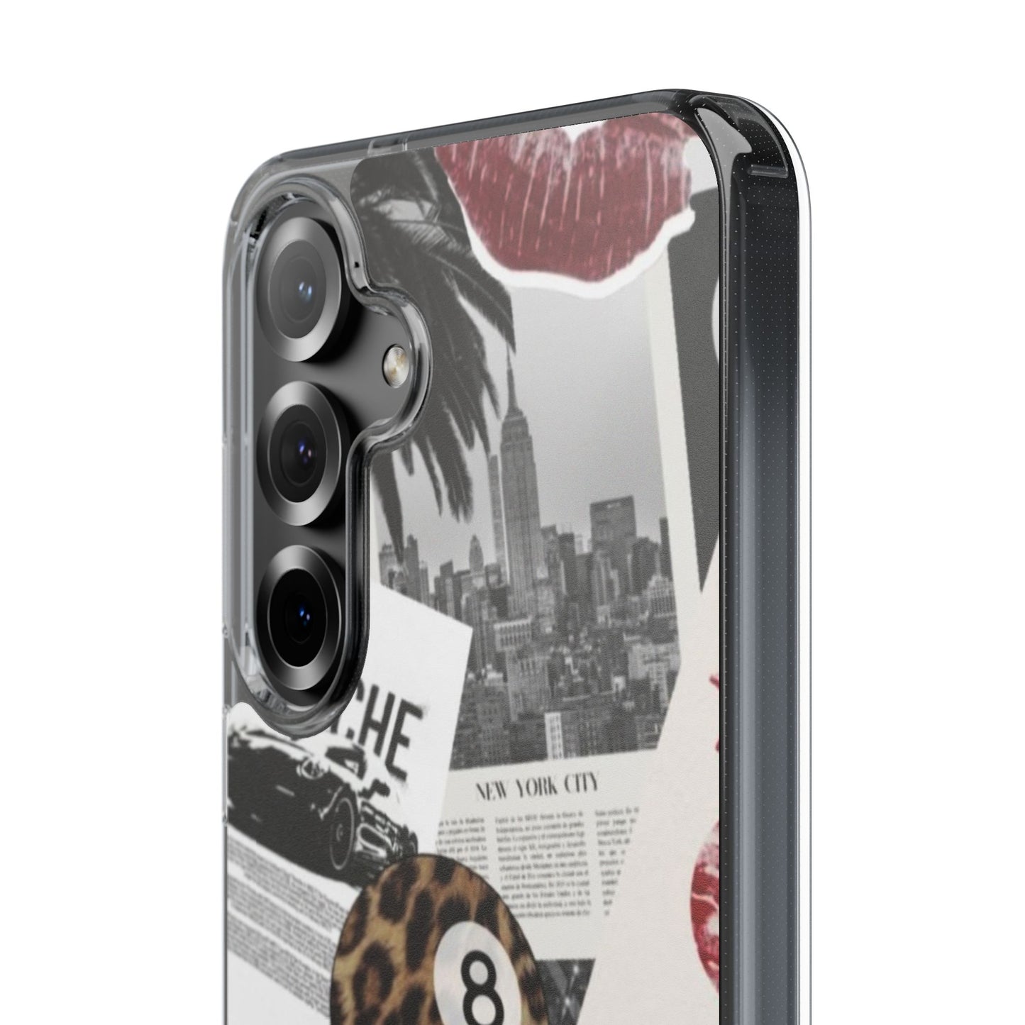 Clear Impact-Resistant Phone Case — Collage Luxury Leopard & Vintage Car Design