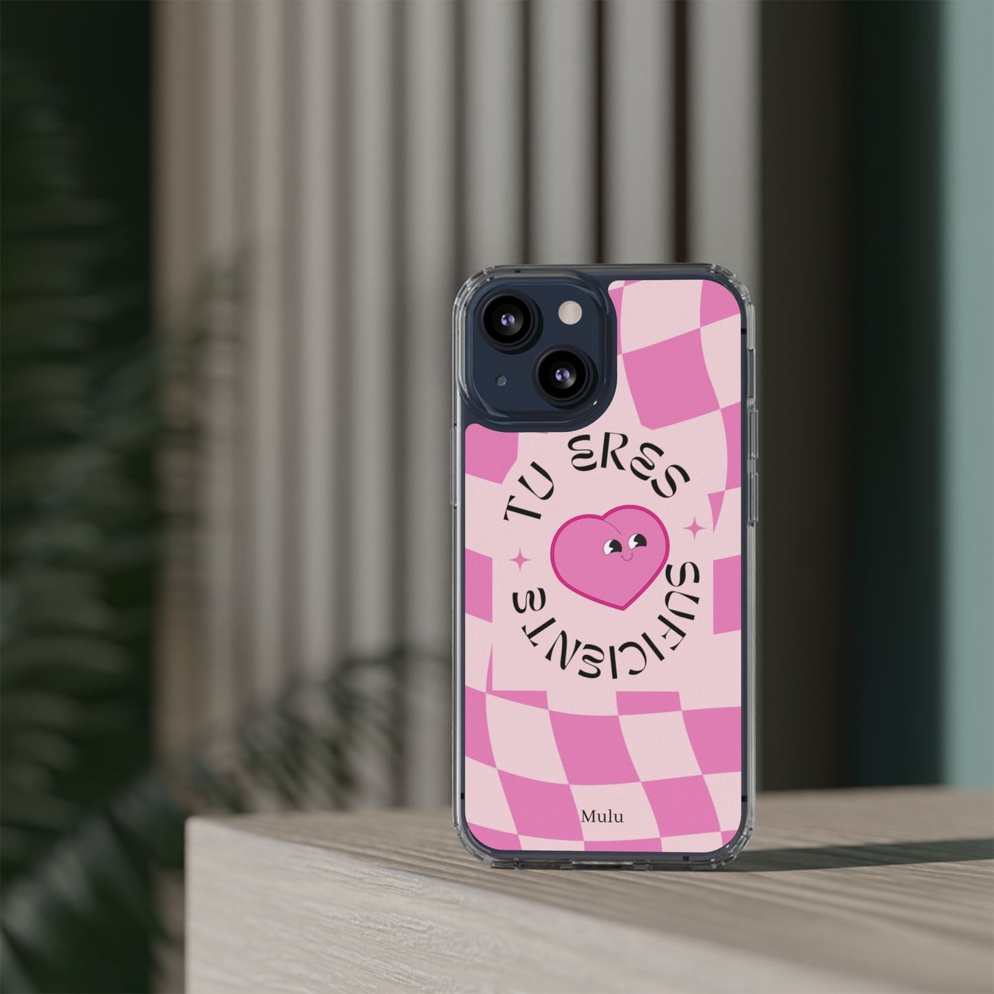 Clear Impact-Resistant Phone Case — Pink Checkerheart “Tu Eres Suficiente” Design