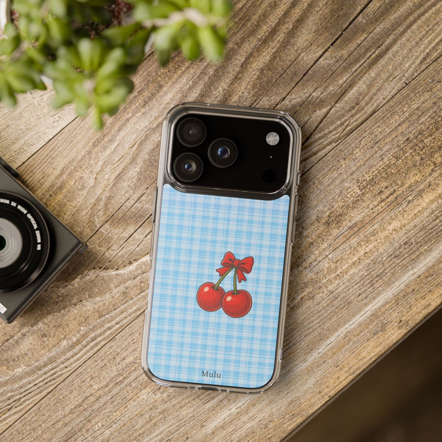 Clear Cherry Gingham Phone Case — Impact-Resistant Clear Case with Red Cherry Design