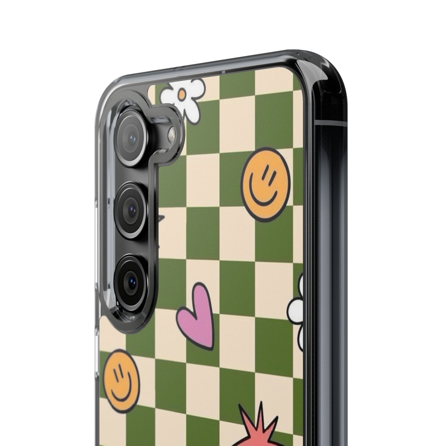 Clear Impact-Resistant Case — Retro Green Checkerboard with Smiley, Hearts & Flowers