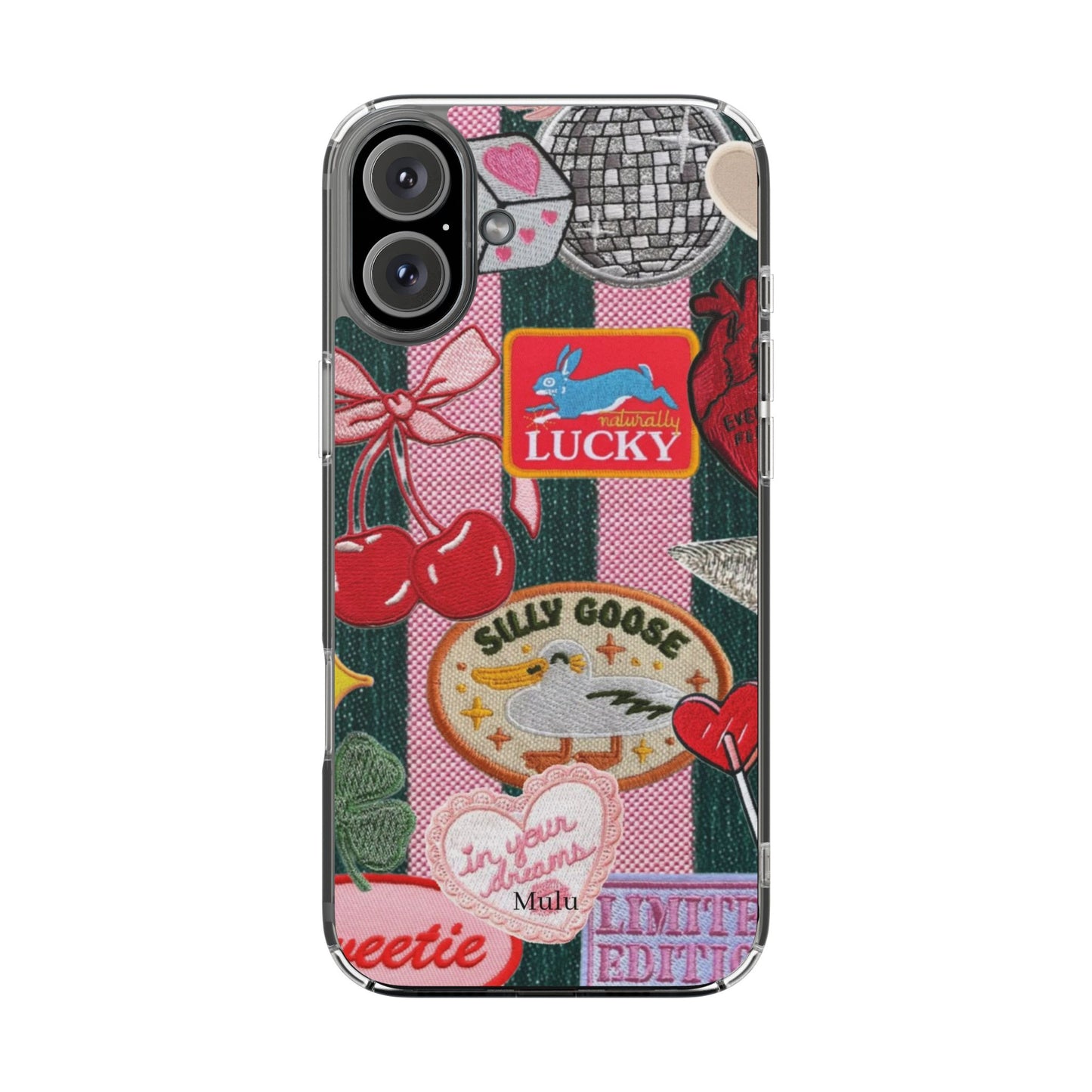 Clear Impact-Resistant Phone Case — Retro Patchwork Stickers (Lucky, Cherries, Silly Goose)
